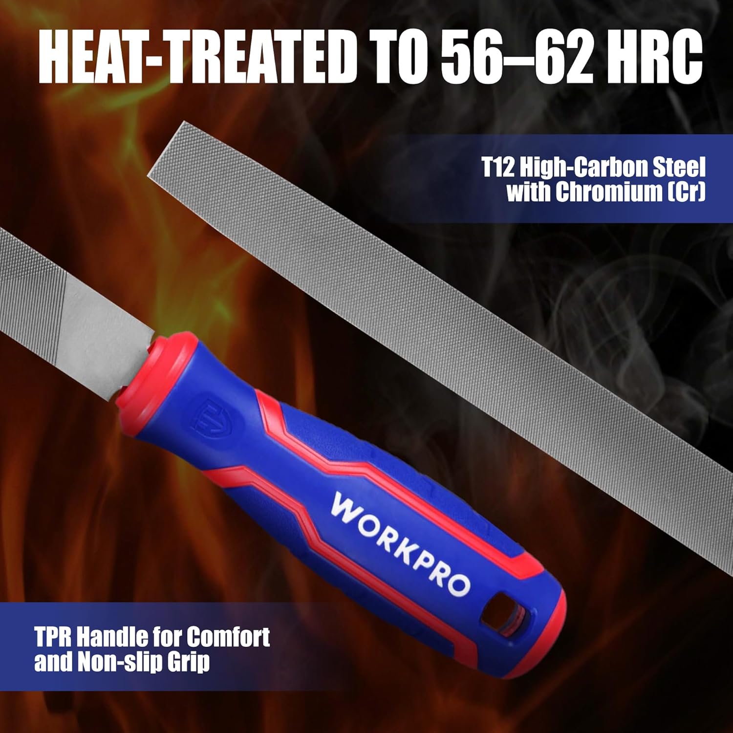 Heat-treated metal file with fine teeth and red-blue TPR handle for non-slip grip