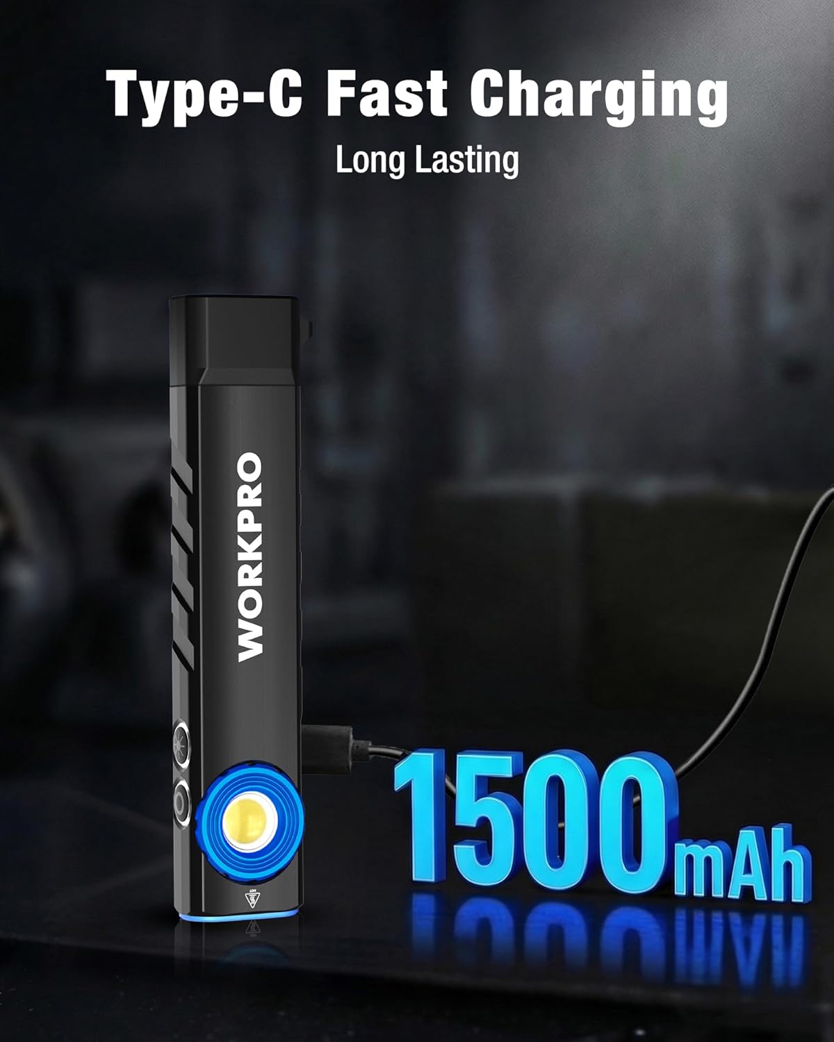 Black rechargeable flashlight with Type-C charging cable and blue battery indicator ring