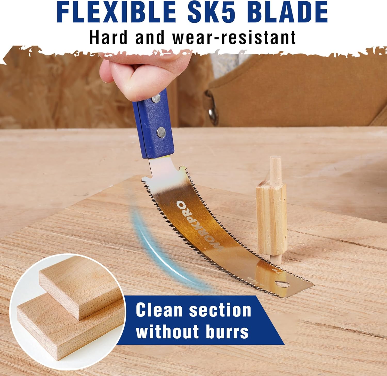 Flexible SK5 Japanese pull saw with beech handle and sharp blade for clean cuts