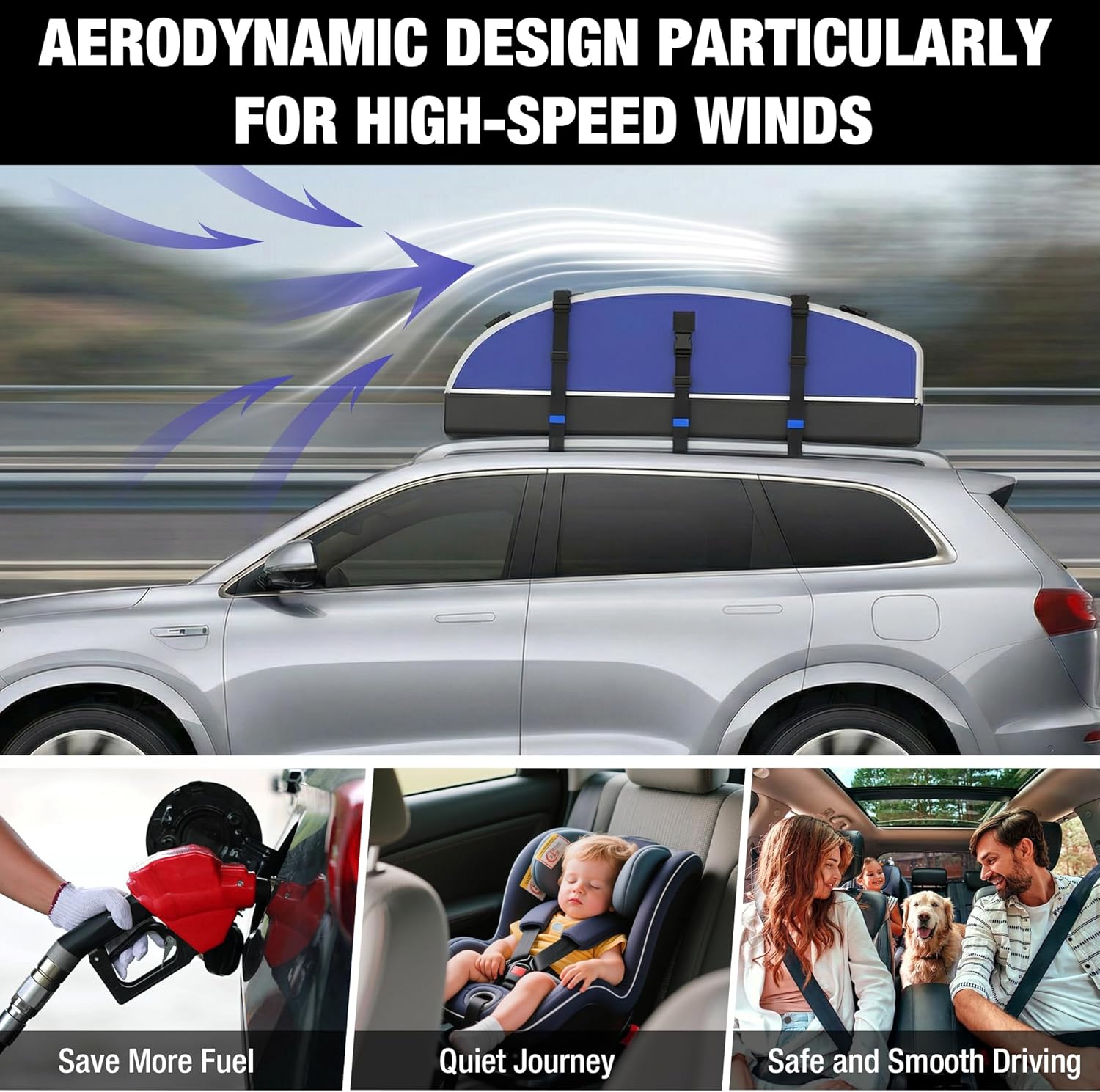 Rooftop cargo carrier bag on SUV roof with aerodynamic curved design