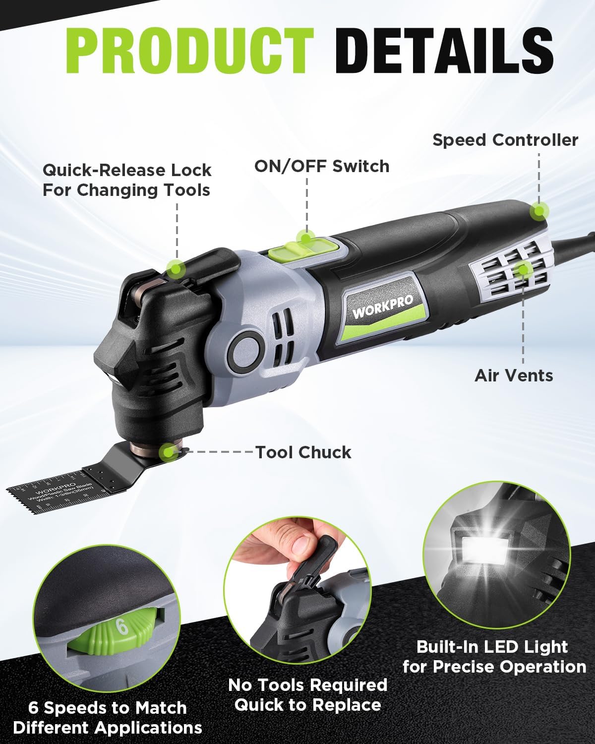 WORKPRO oscillating multi-tool with LED light, on/off switch and speed controller