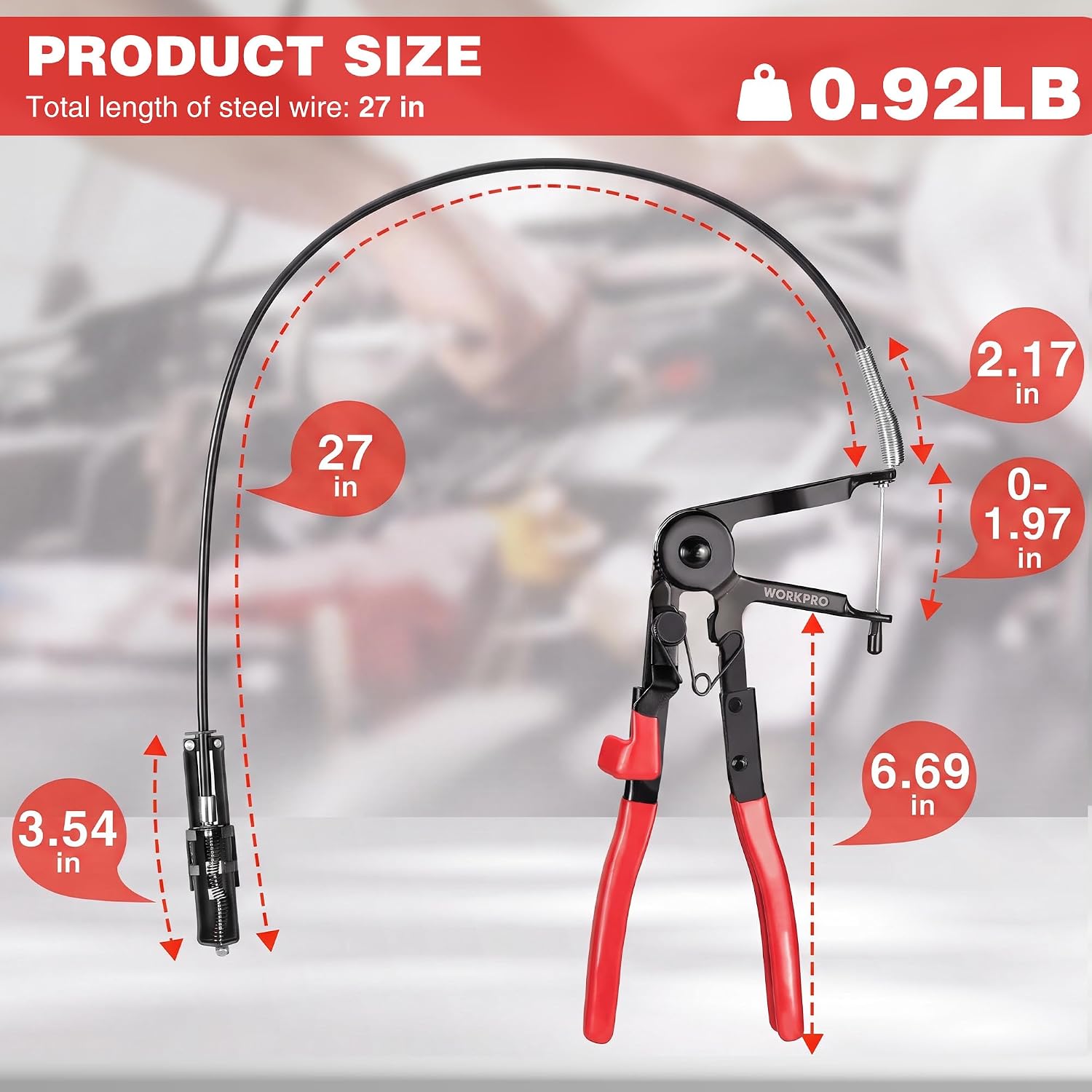 Red and black hose clamp pliers with long loop handle and steel jaw for spring clamps