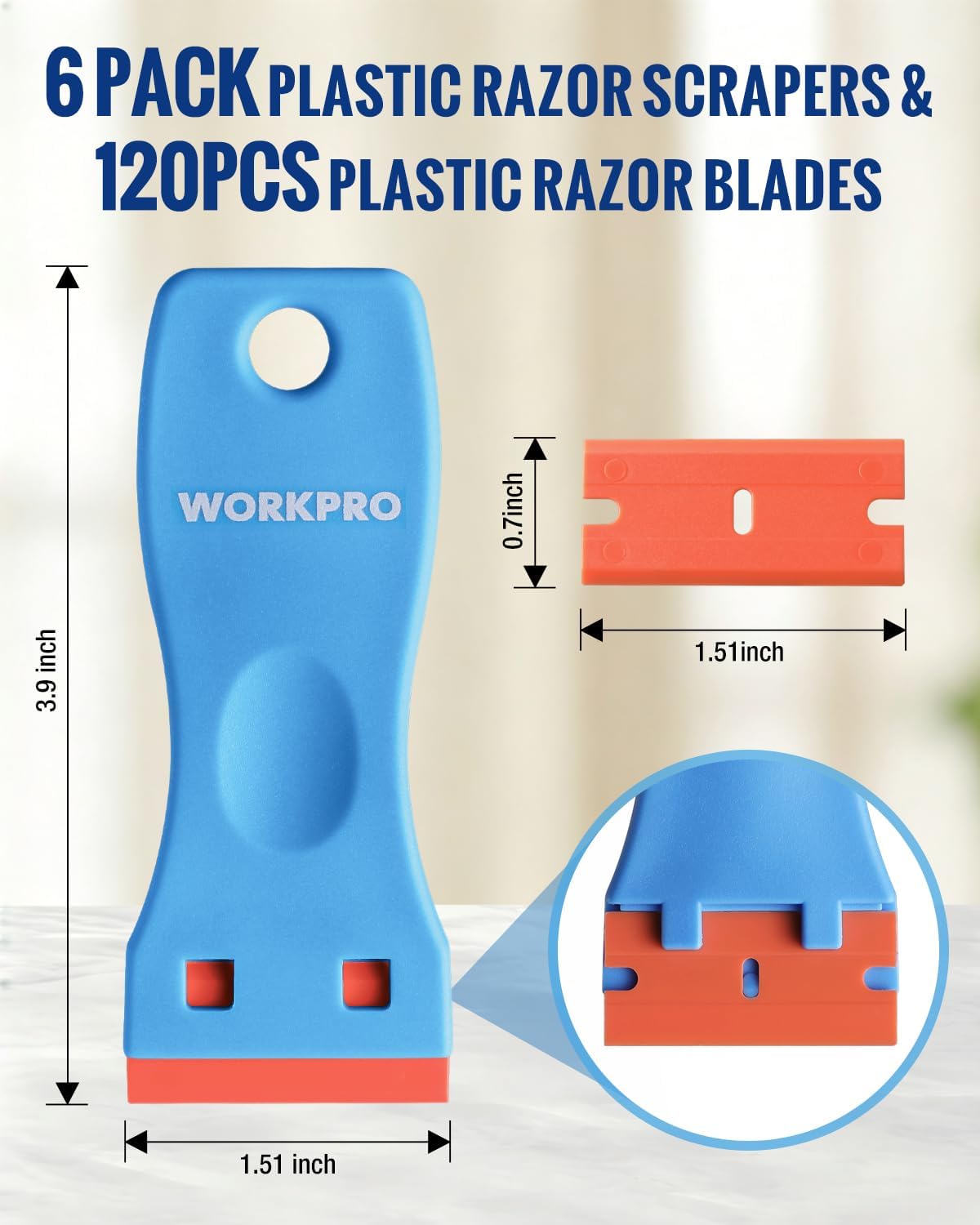 6-pack plastic razor scraper handles, blue with orange blade holder and replacement blades