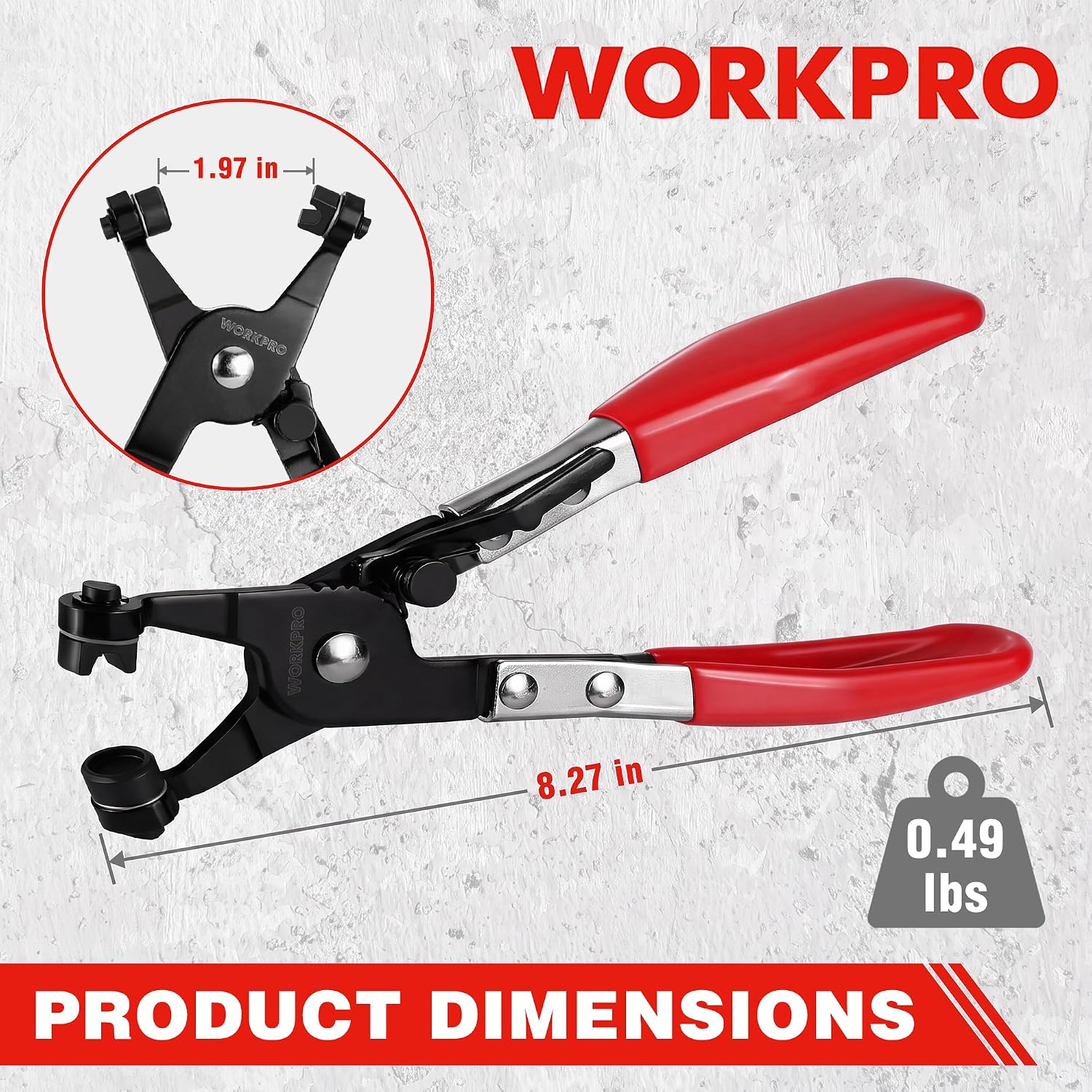 Red-handled hose clamp pliers with black jaws and swiveling head, shown with size markers