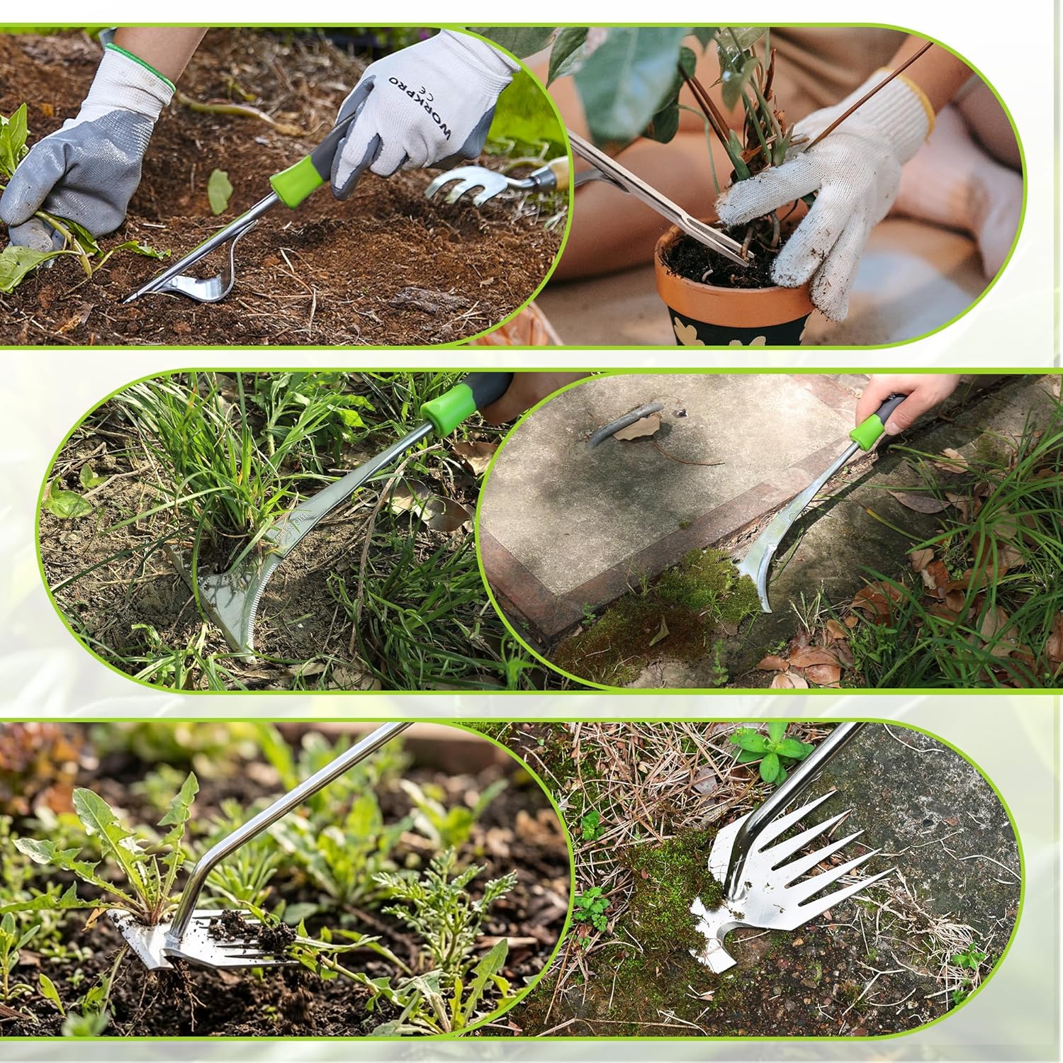Stainless weeding head with tines and green handle for removing weeds from soil