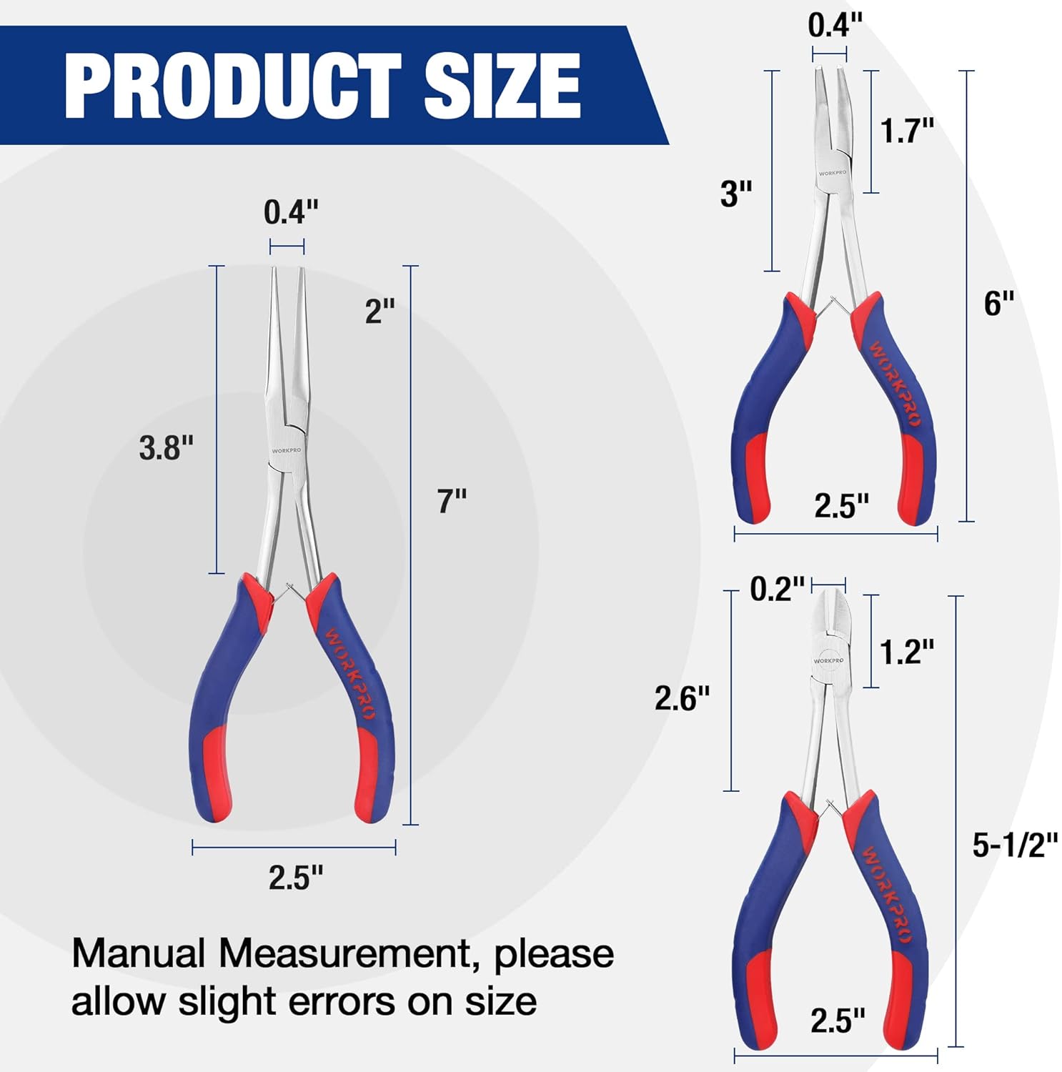 Set of three mini pliers with long reach needle-nose, bent-nose, and diagonal types, shown sizes