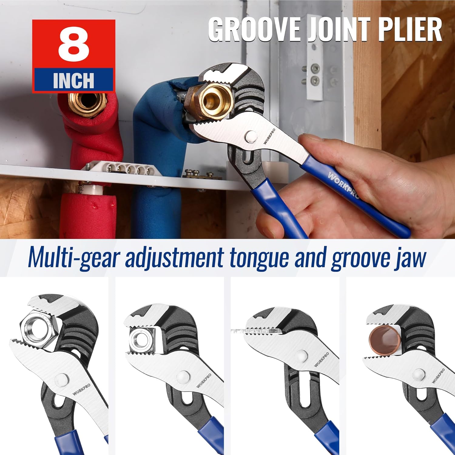 Groove-joint plier with blue handle and adjustable grooved jaw