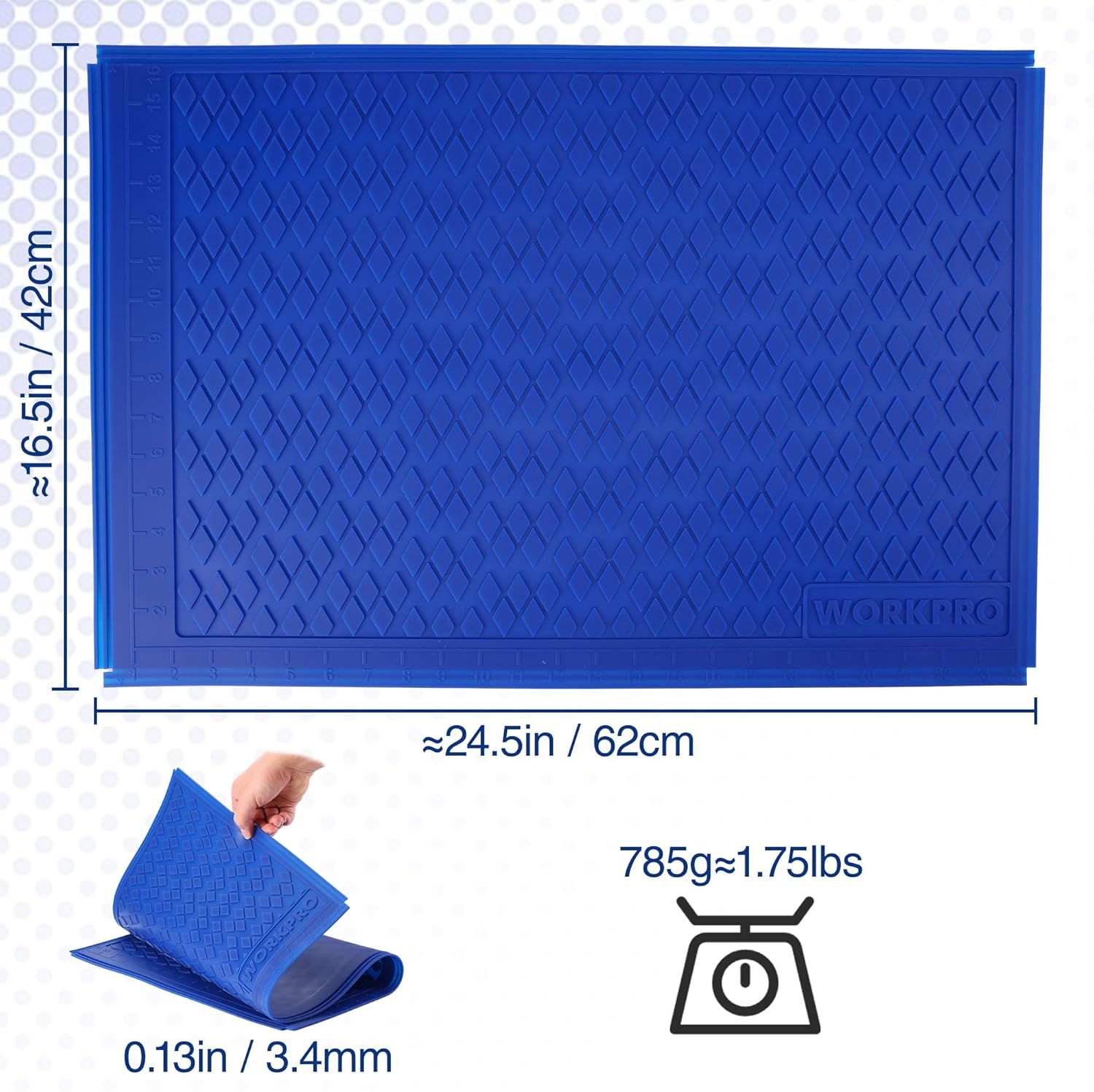 Blue silicone glue mat, rectangle shape with raised textured pattern