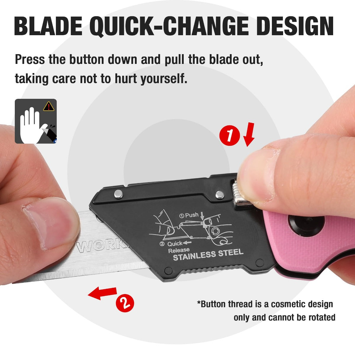 Pink G10 folding utility knife close-up with blade quick-change mechanism