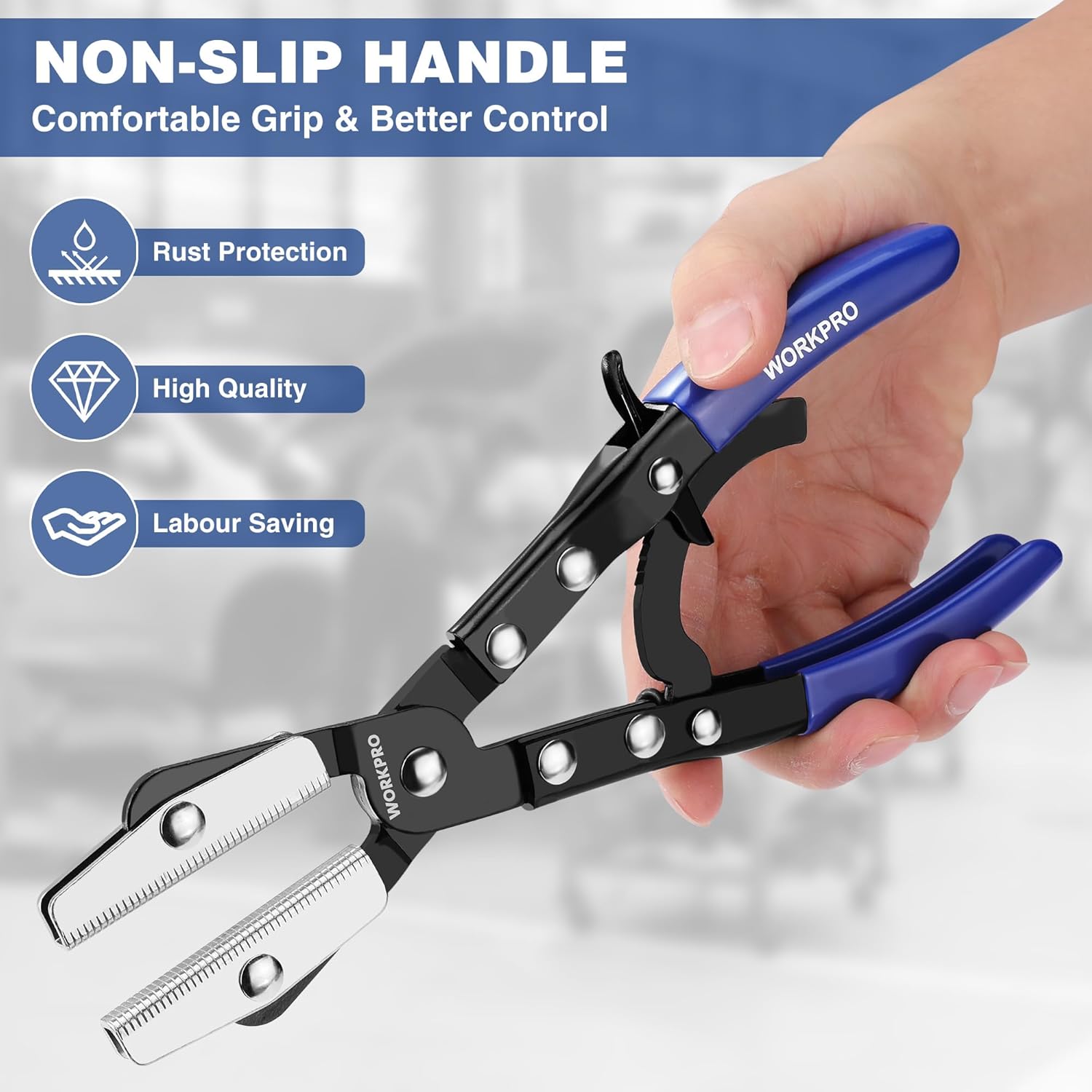 WORKPRO hose pinch-off pliers with blue non-slip handle grips and serrated teeth