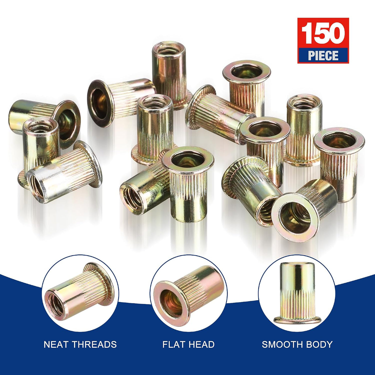 WORKPRO 150Pcs Rivet Nuts, 1/4”-20 Zinc Plated Carbon Steel Rivnut, Flat Head Threaded Insert Nutserts with Knurled Body