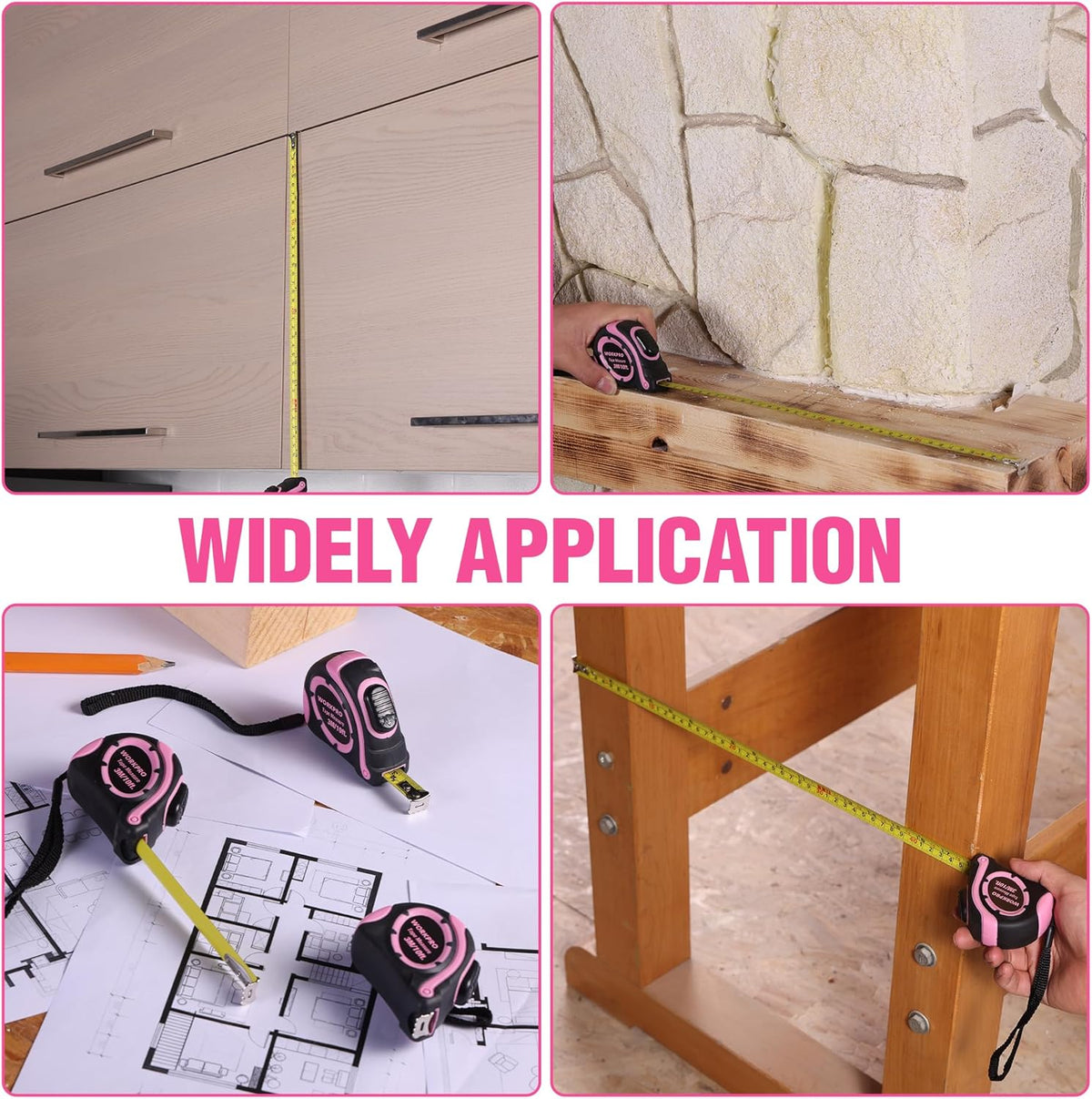 Pink WORKPRO tape measure in use measuring cabinetry and building edges