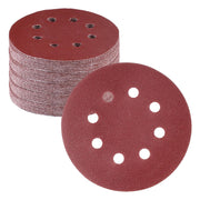 5-inch hook-and-loop sanding discs, burgundy red, 8-hole pattern, stacked and loose