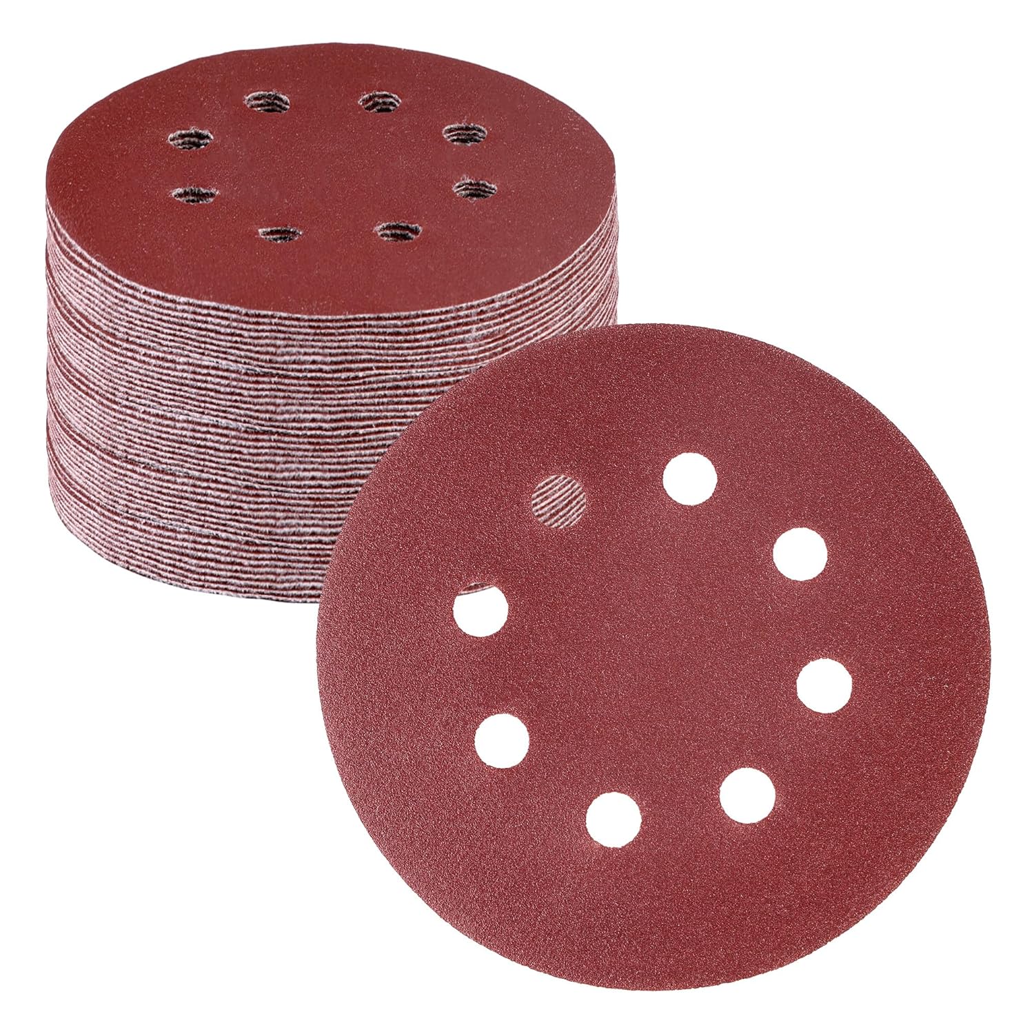 5-inch hook-and-loop sanding discs, burgundy red, 8-hole pattern, stacked and loose