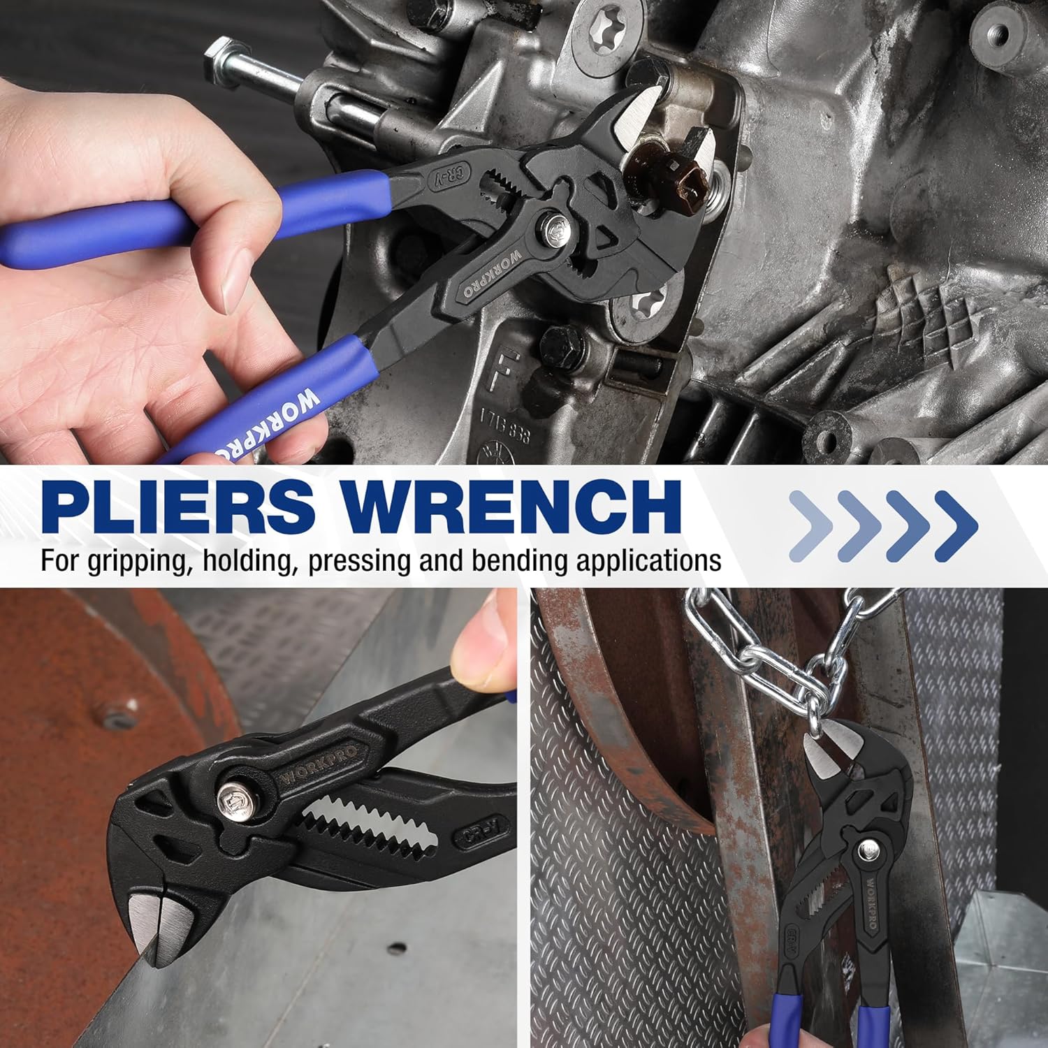 Pliers wrench tool gripping a metal nut with blue handle parallel jaws