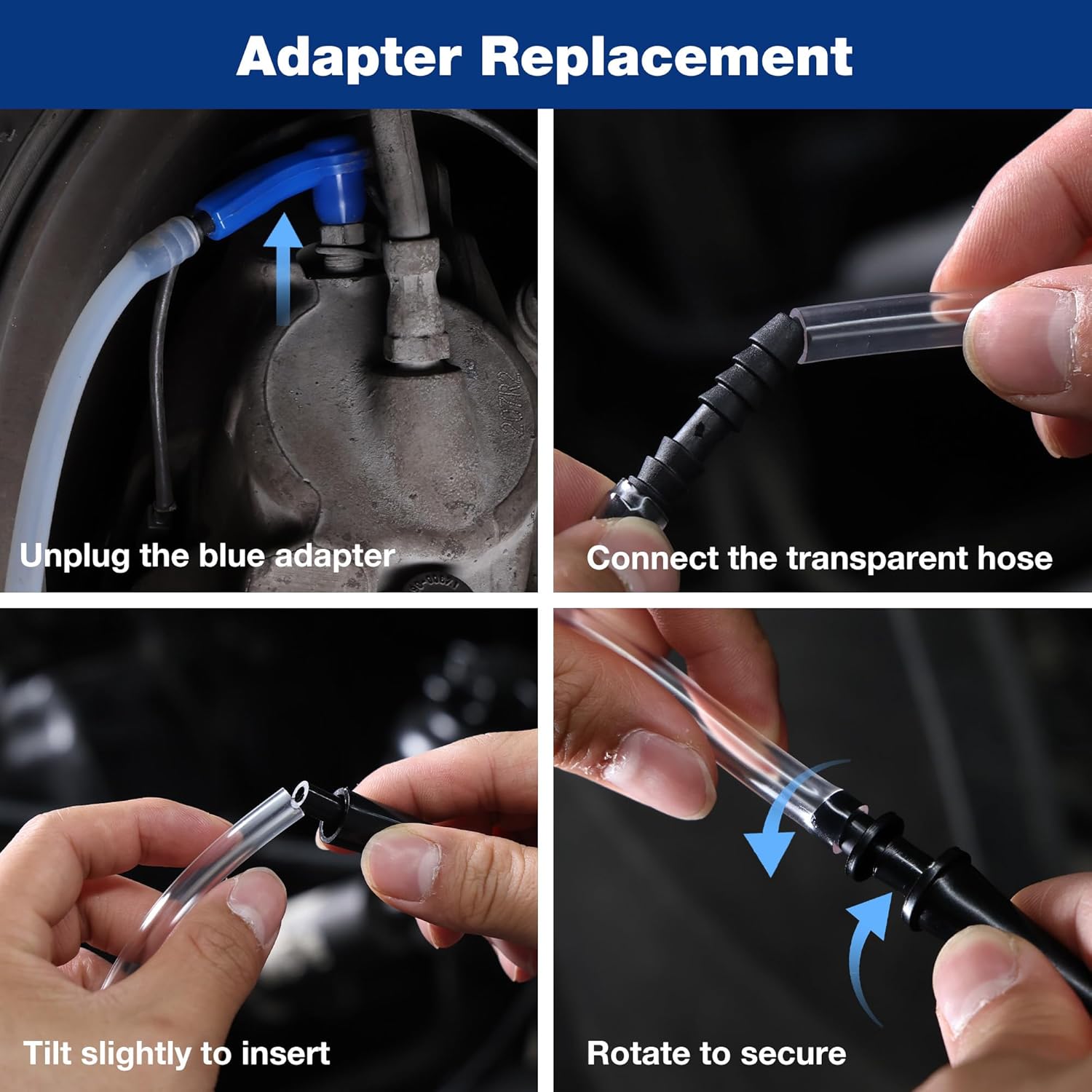 Brake bleeder adapter replacement showing blue adapter and transparent hose