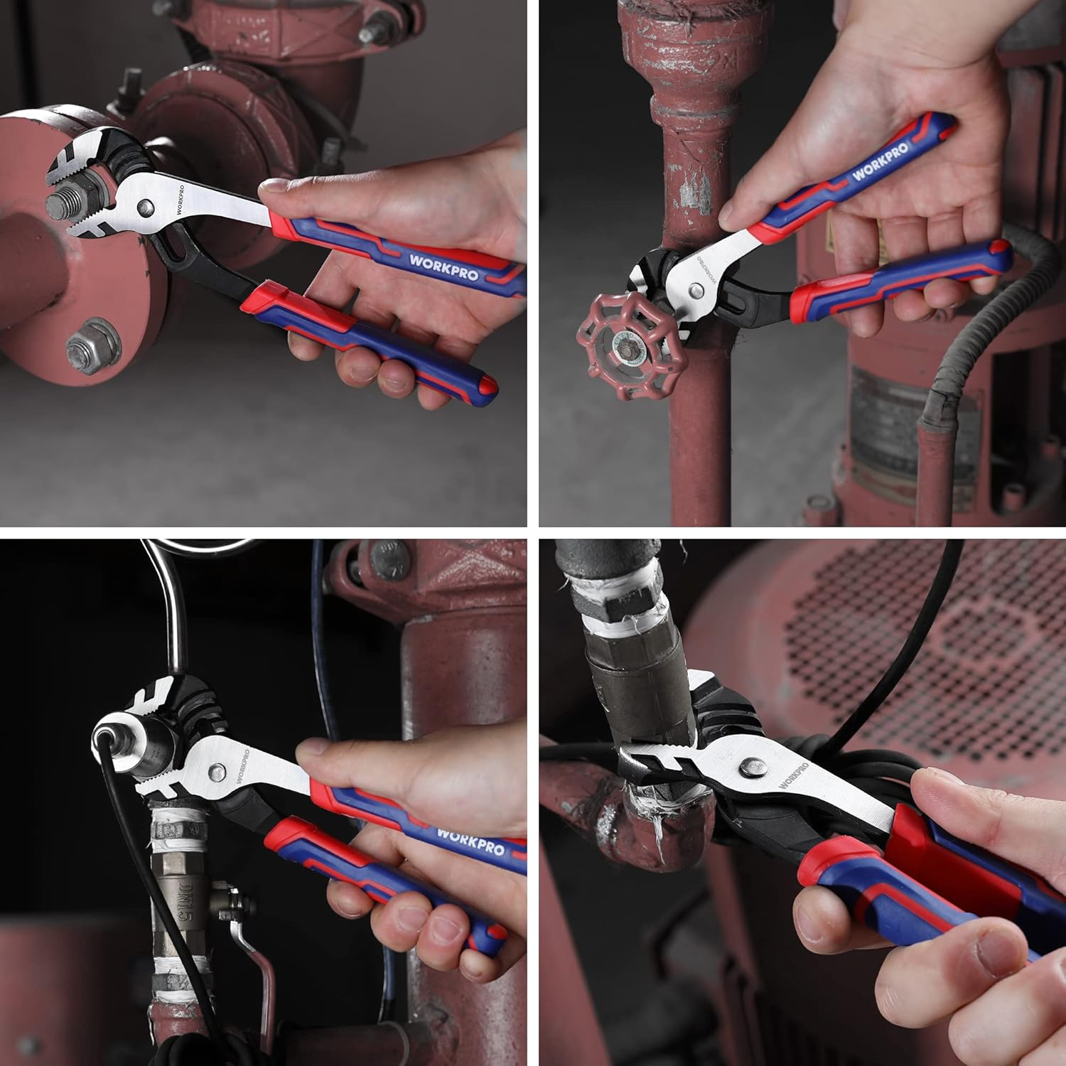 Adjustable water pump pliers in use on plumbing pipe, red/blue handles