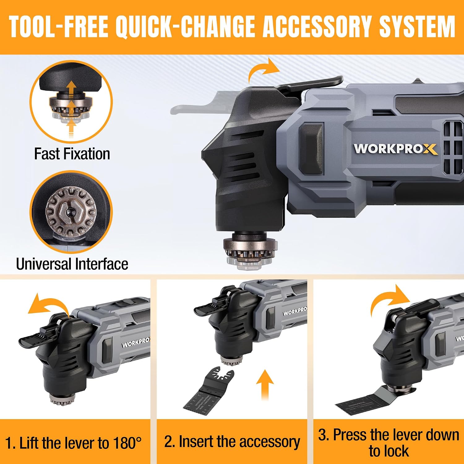 Oscillating multi-tool showing quick-change accessory interface and lever mechanism