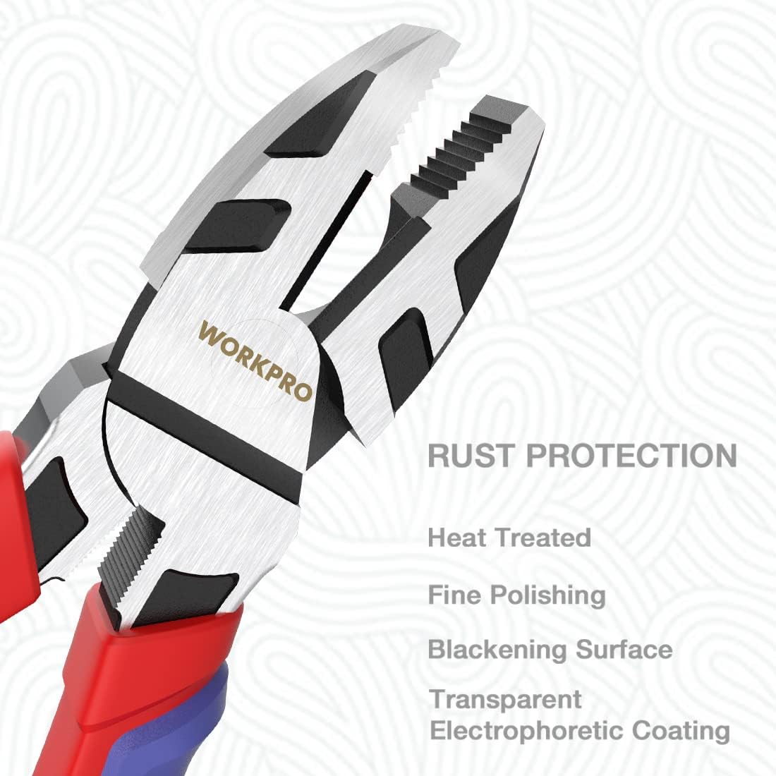 Linesman pliers jaw close-up with black cutting edges and red-blue handle grips