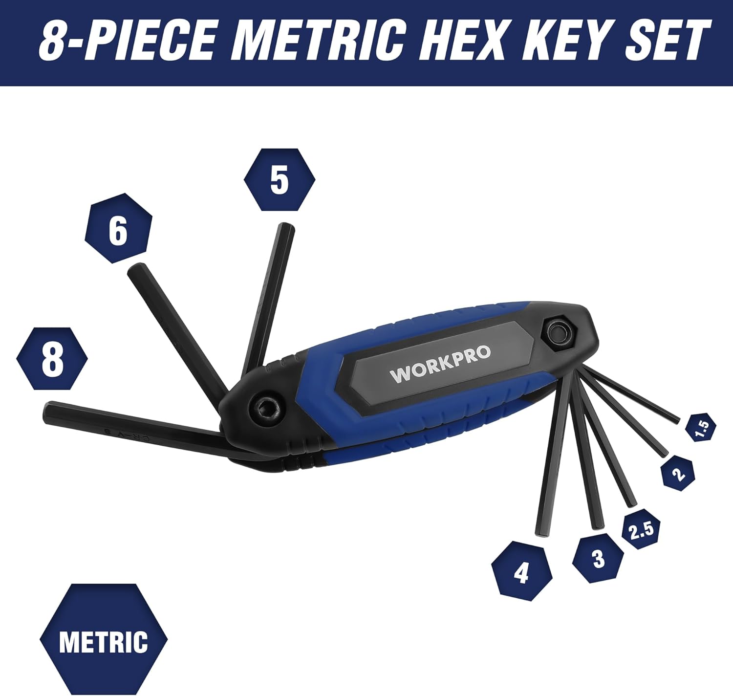 WORKPRO 8-piece metric folding hex key set with blue and black key holder