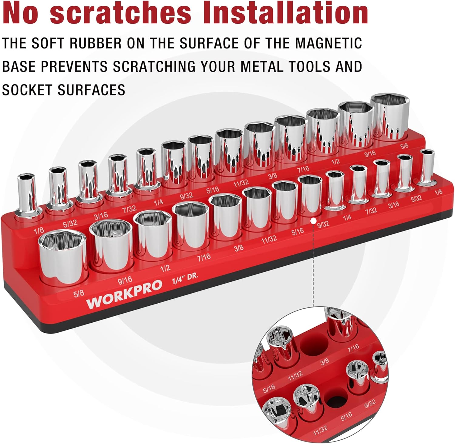 WORKPRO magnetic socket organizer with soft rubber base, red tray holding chrome sockets