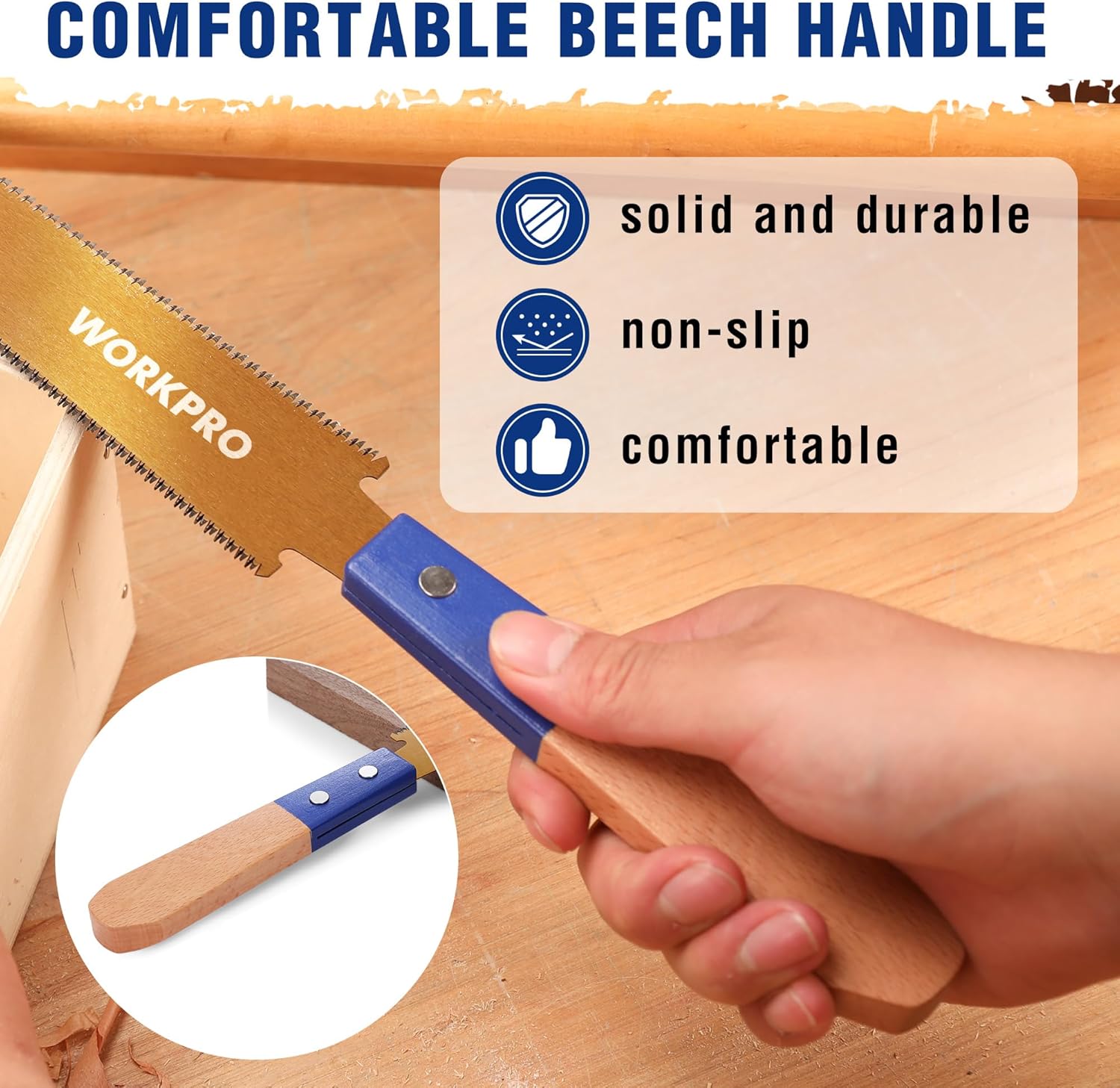 Japanese pull saw grip close-up: blue non-slip beech handle with toothed blade