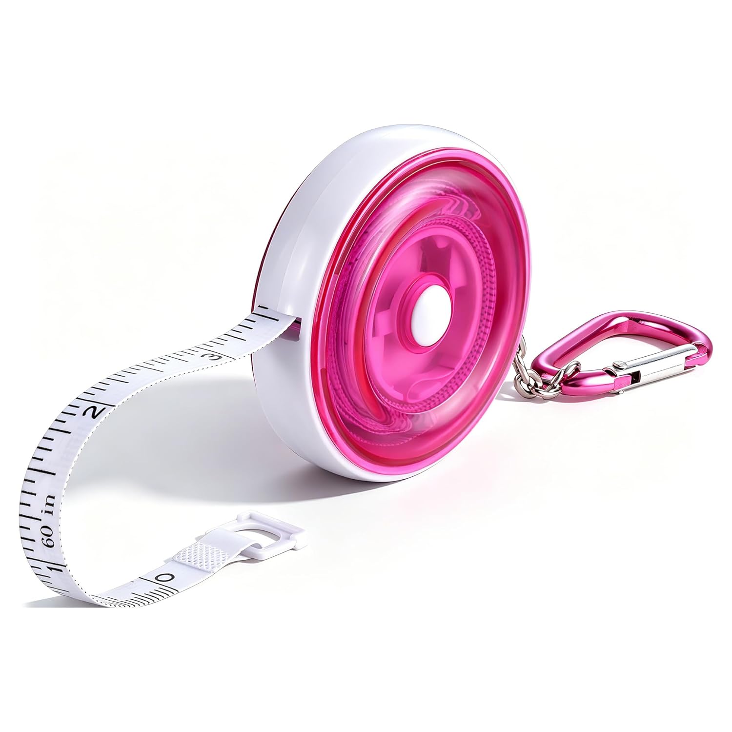 Pink retractable tape measure with white dual-sided markings and metal carabiner clip