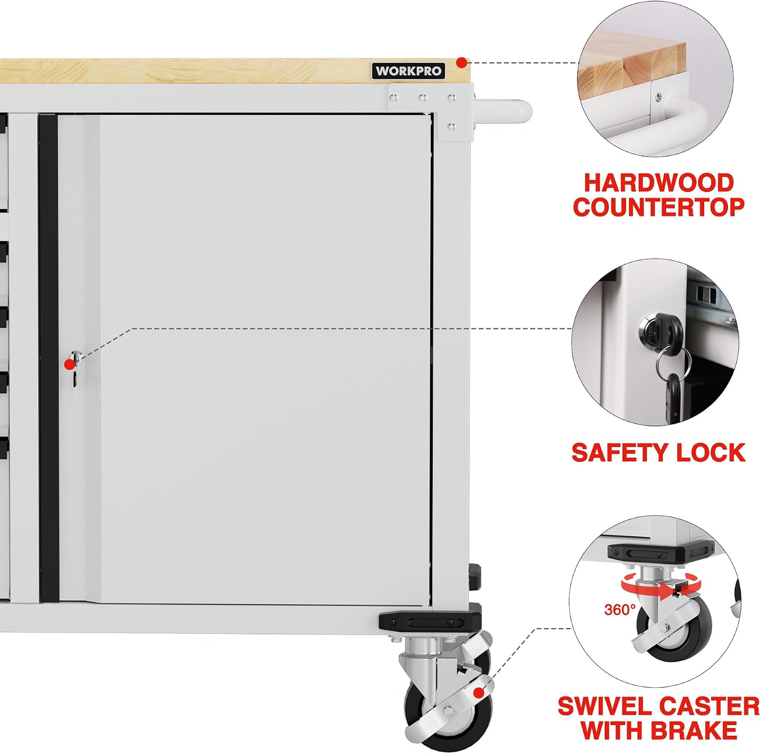 Mobile tool chest with hardwood countertop, safety lock, and swivel caster wheels