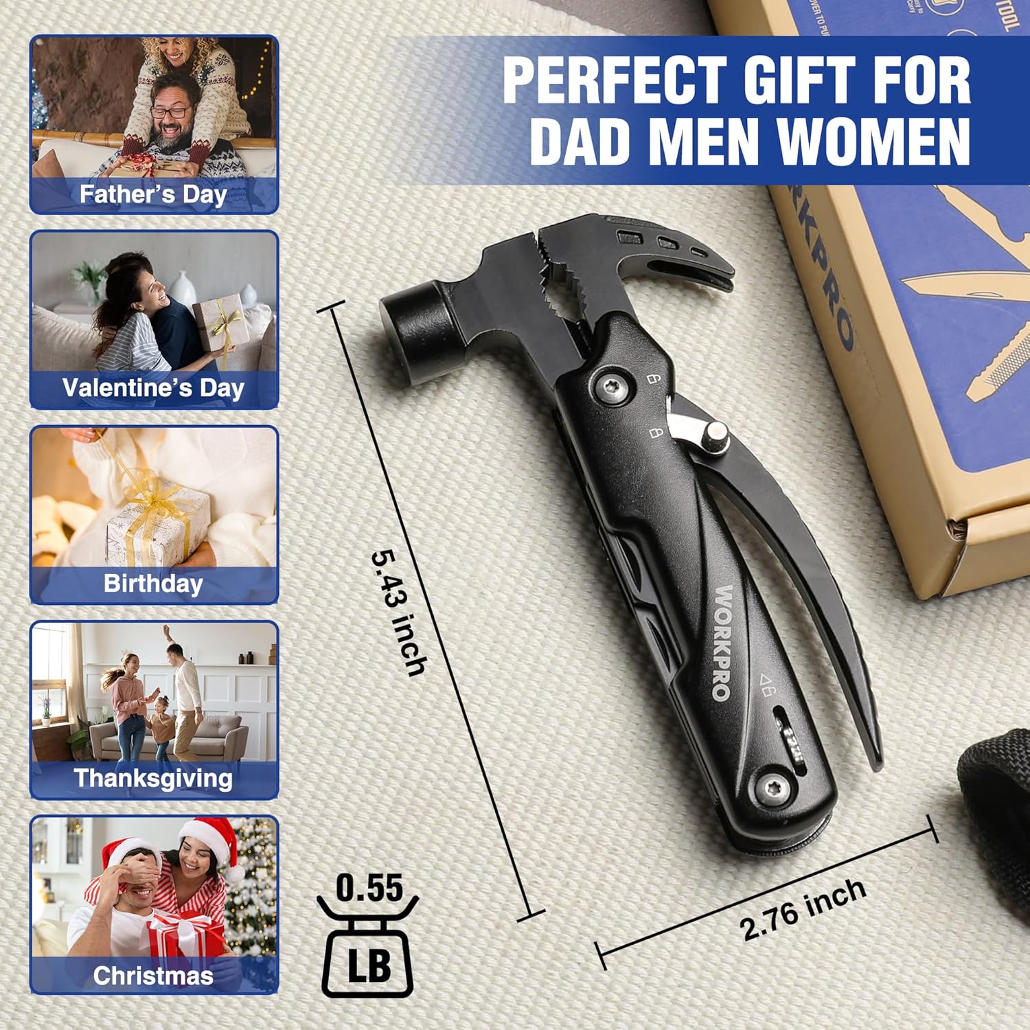 Black compact 12-in-1 multitool lying on textured surface with blades folded out