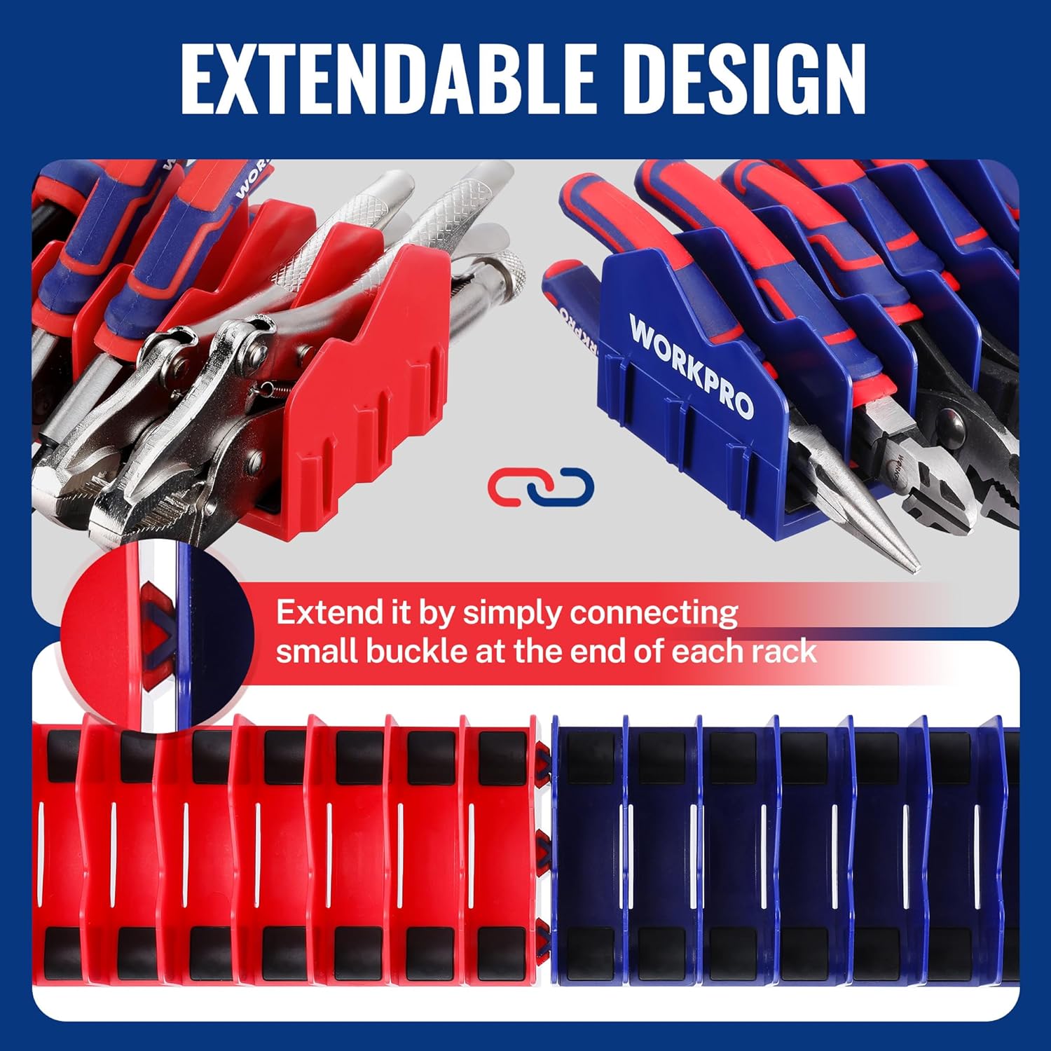 WORKPRO extendable plier organizer rack, red and blue linked slot holders