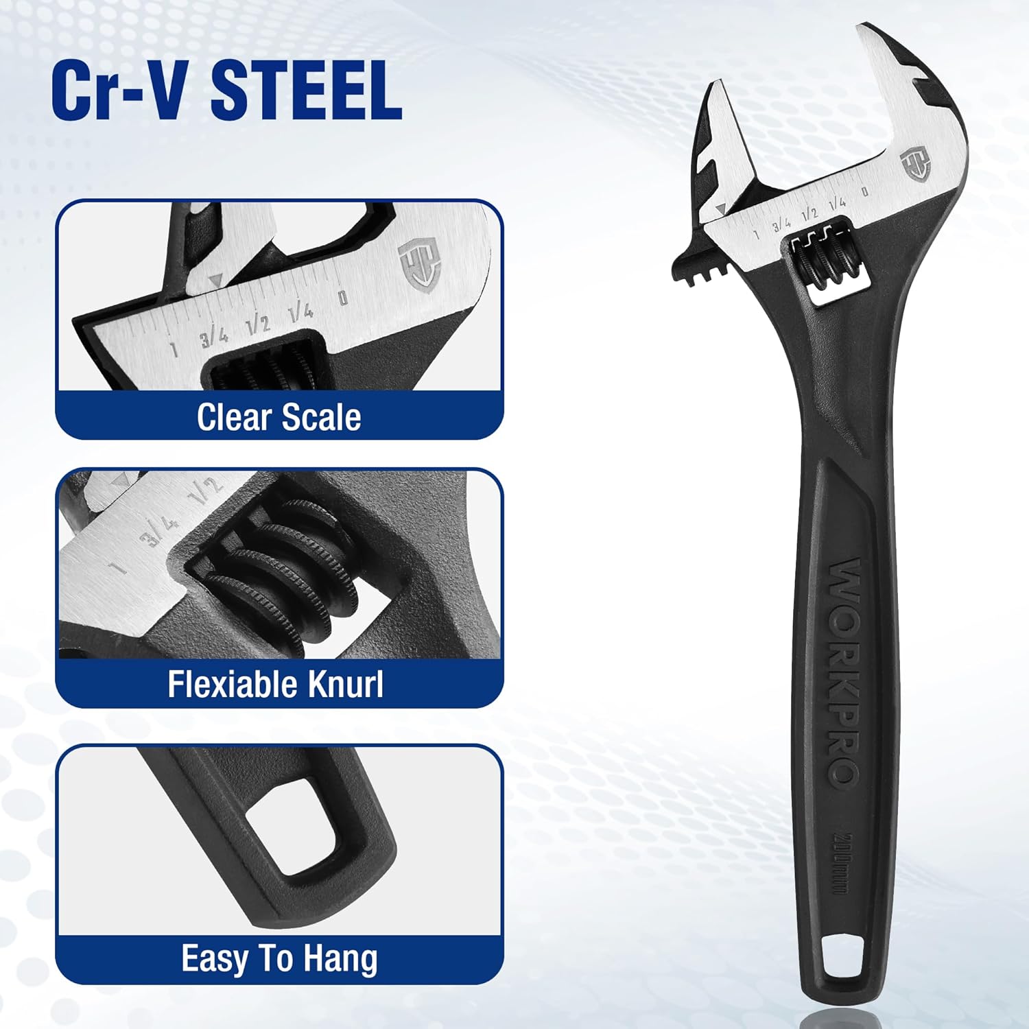 Black adjustable wrench with clear measurement scale and knurled adjuster