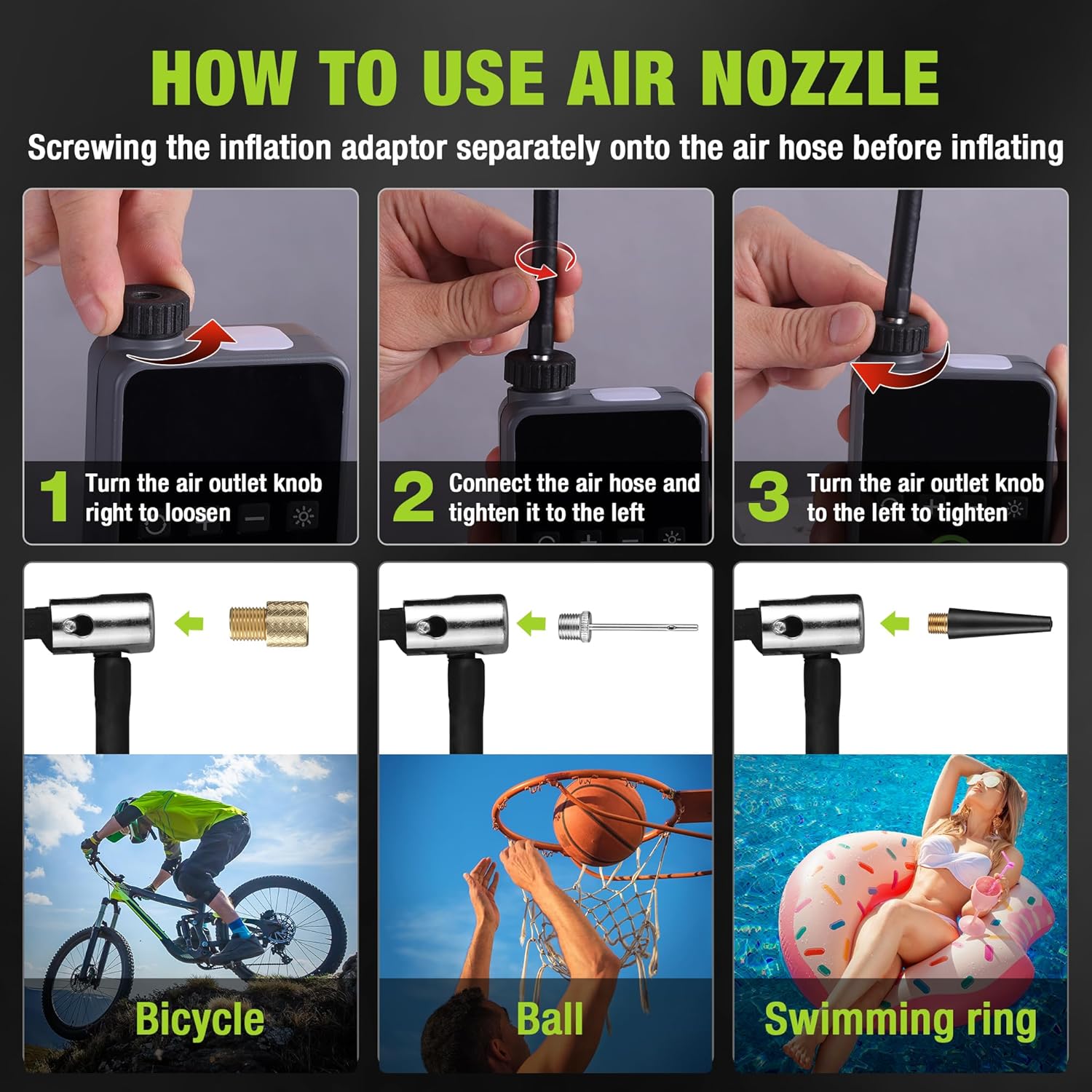 WORKPRO mini air pump with air nozzle and inflation adapters, illustrated usage steps