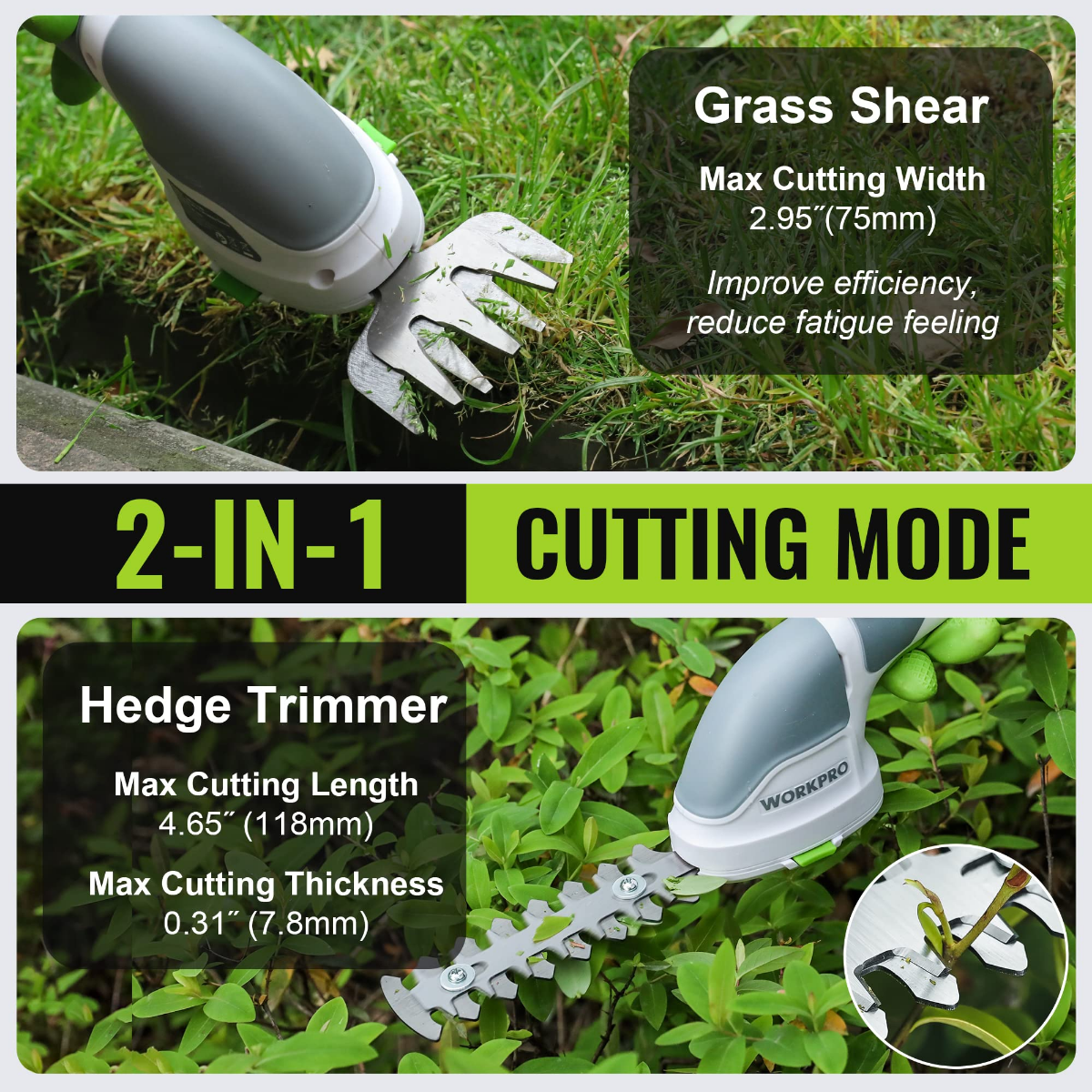 Handheld 2-in-1 trimmer with hedge and grass blades cutting near grass and shrubs