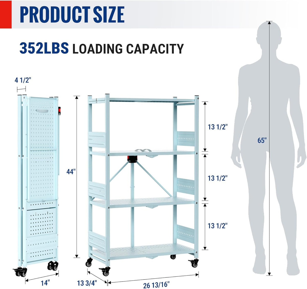 Blue 4-tier folding metal storage rack with wheels and leveling feet