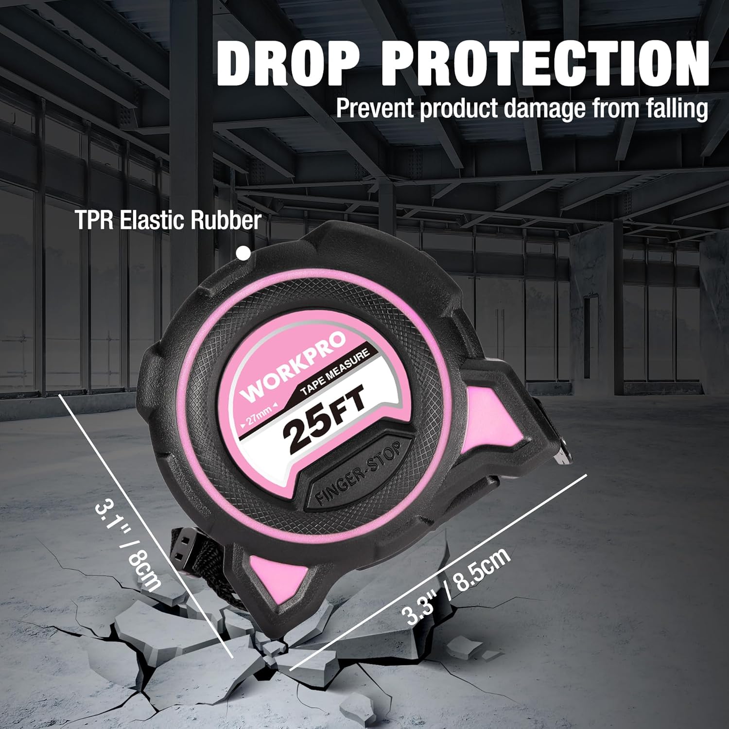 WORKPRO 25ft retractable tape measure with drop-protection rubber casing and pink trim