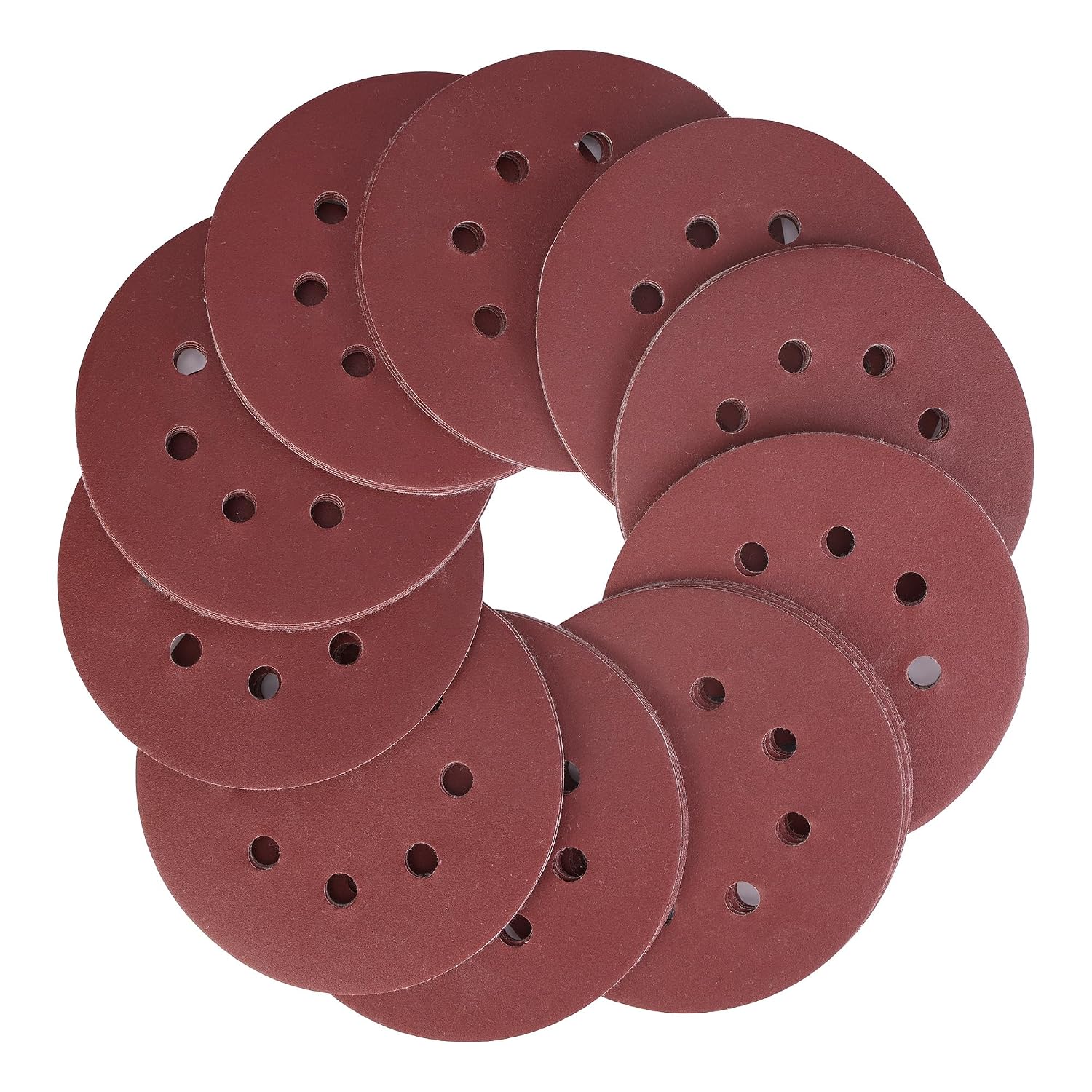 Maroon hook-and-loop sanding disc set, multiple 5-inch rounds with 8-hole pattern