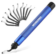 Blue rotary deburring tool with black quick-release collar and HSS swivel blades