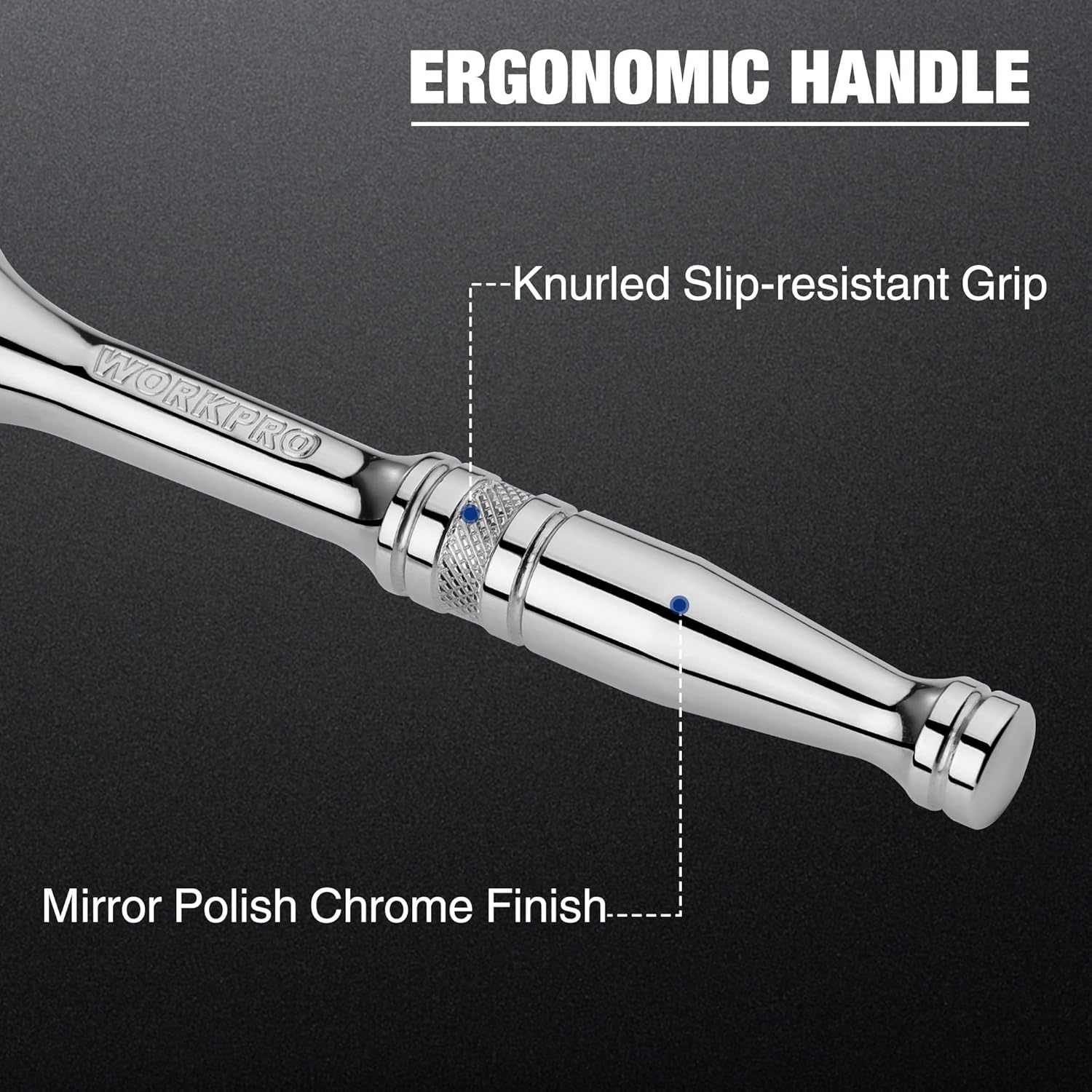 3/8 drive chrome ratchet wrench with knurled slip-resistant grip, mirror polished handle