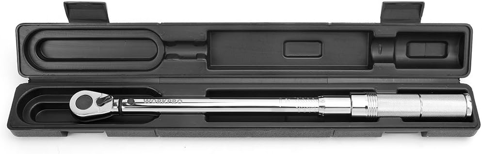 Torque wrench stored in molded black case, chrome head and handle.