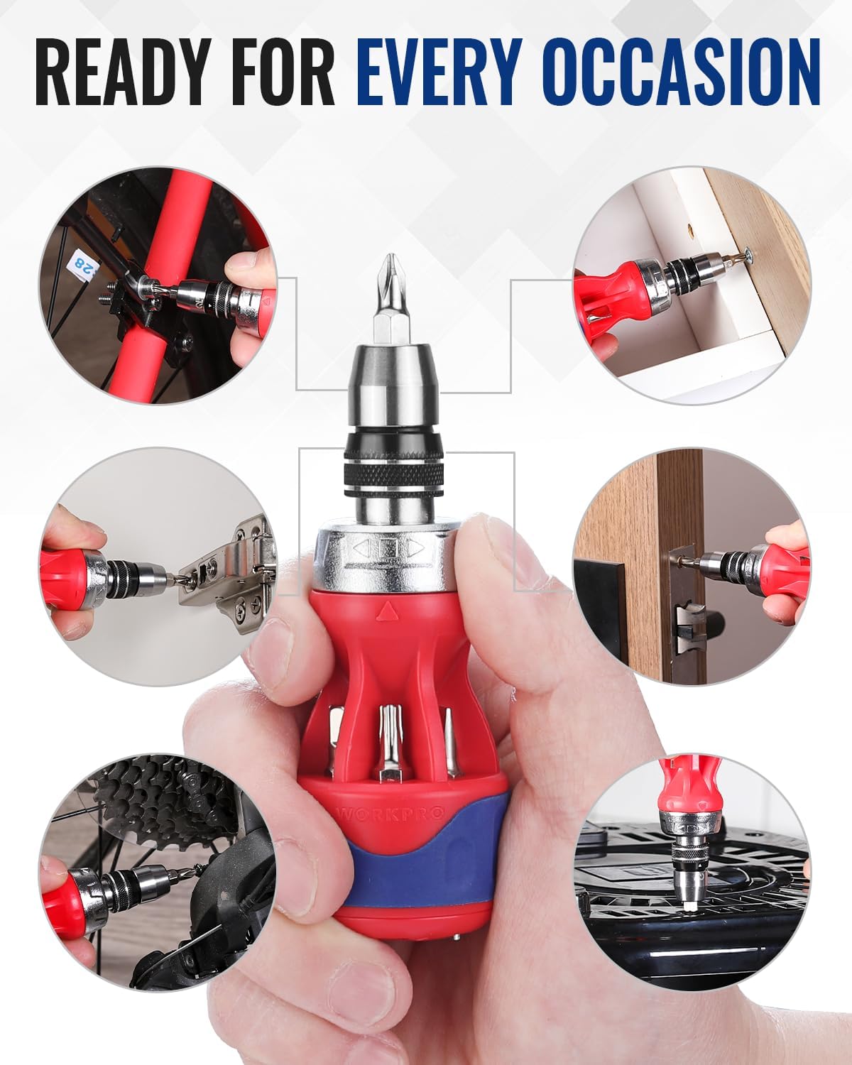 Ratcheting multi-bit screwdriver with red/blue handle and bit holder