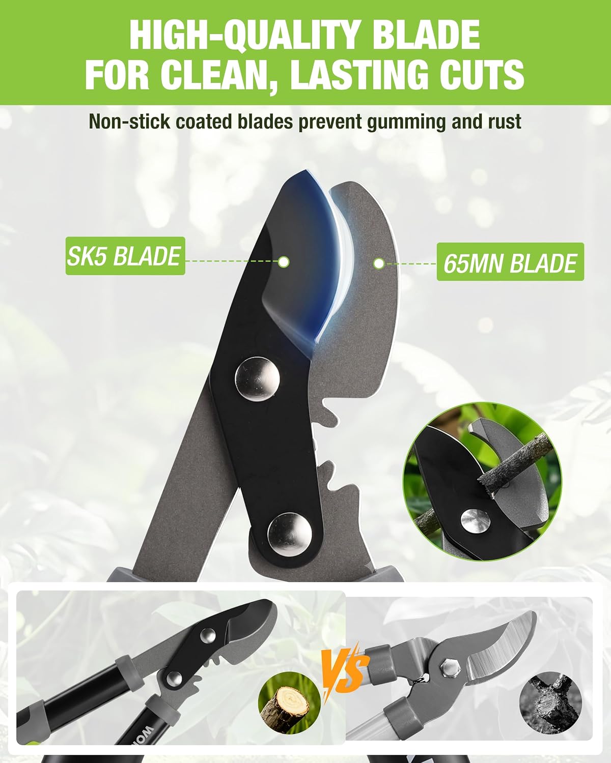 Bypass lopper blades with SK5 steel and non-stick coating for clean cuts