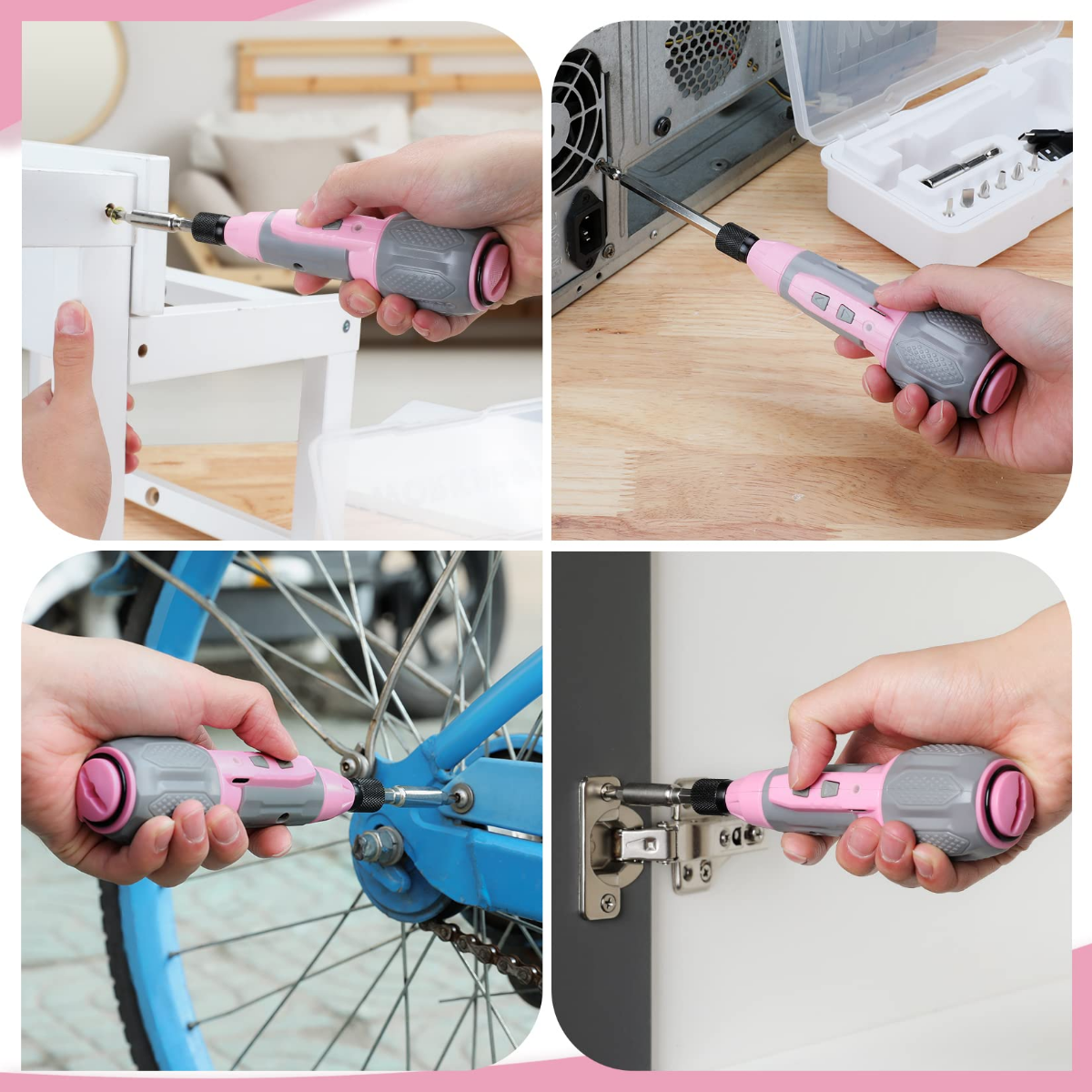 Pink cordless screwdriver in use tightening screws on cabinet hinges with a bit