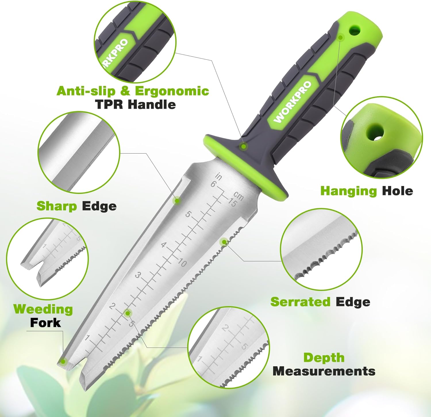 Garden hori hori knife with 7 in stainless blade, serrated edge, TRP handle