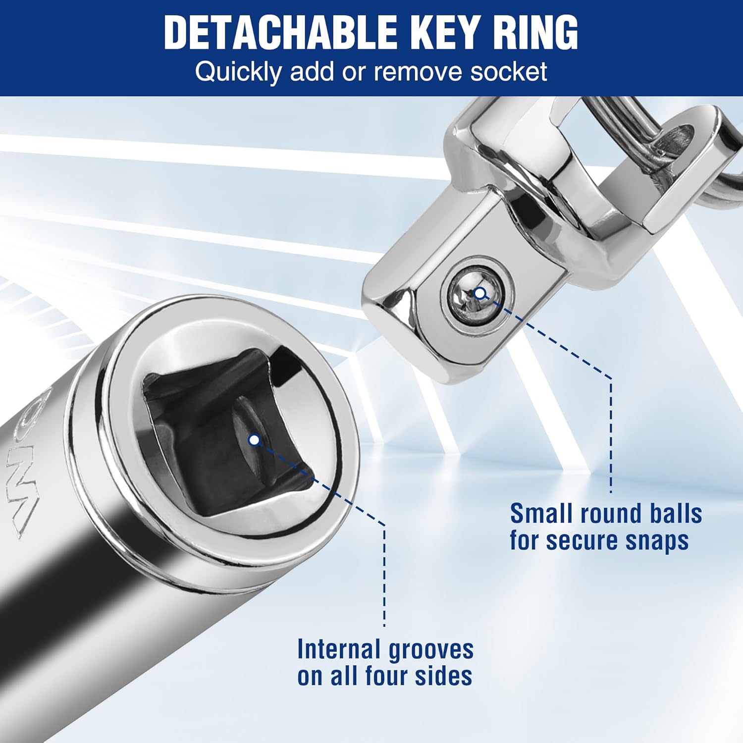 Detachable key ring socket bottle opener with internal drive grooves detail
