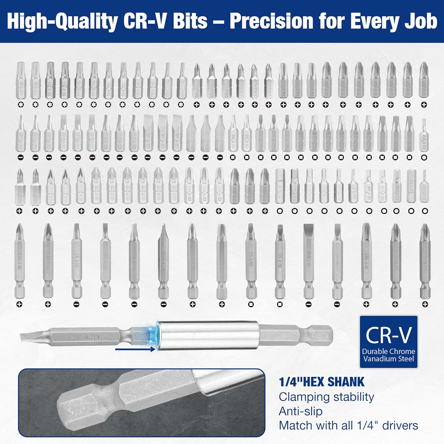 CR-V drill bit set display with multiple bits and 1/4 in hex shanks