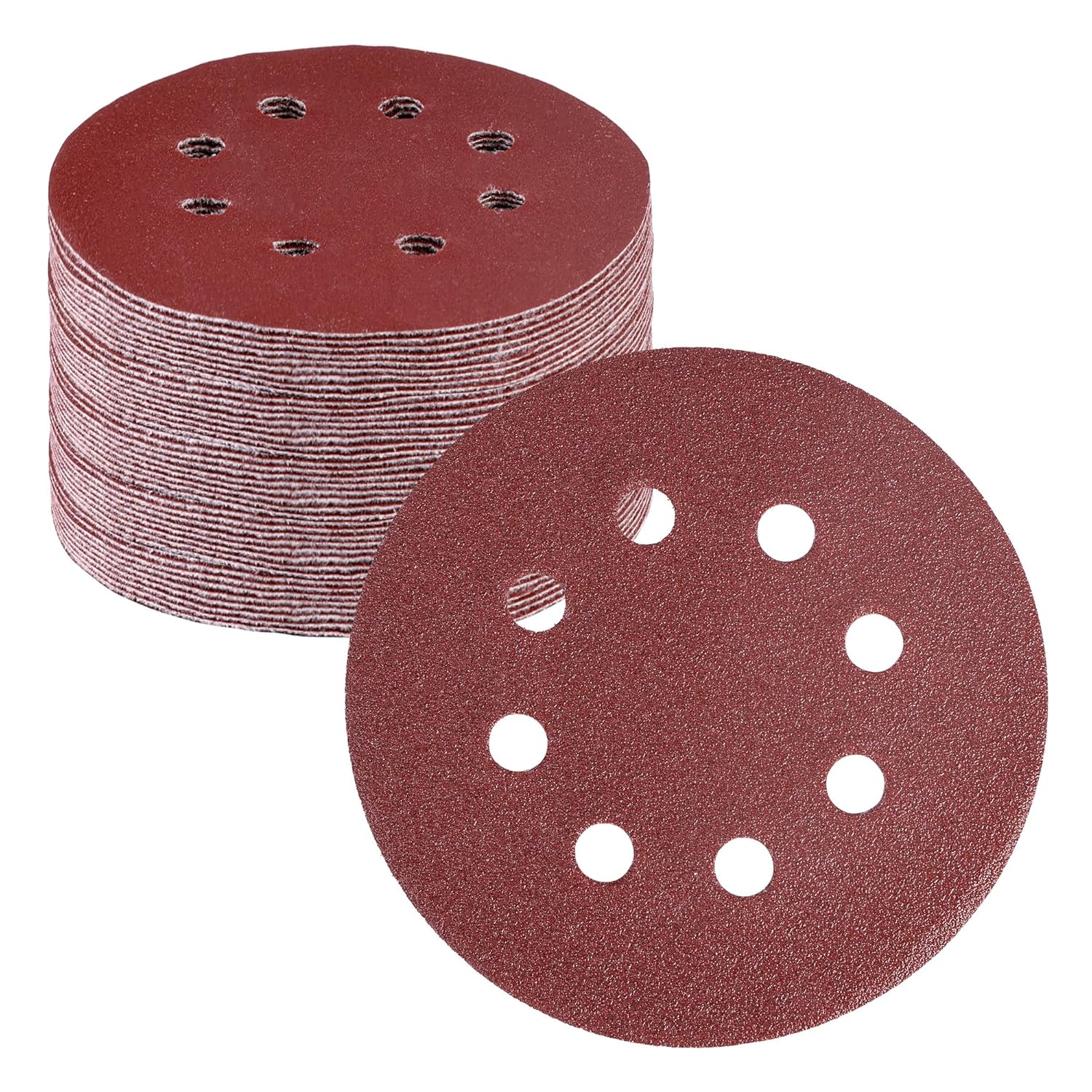 5-inch sanding discs, red-brown hook-and-loop style with 8 dust holes, stack pack