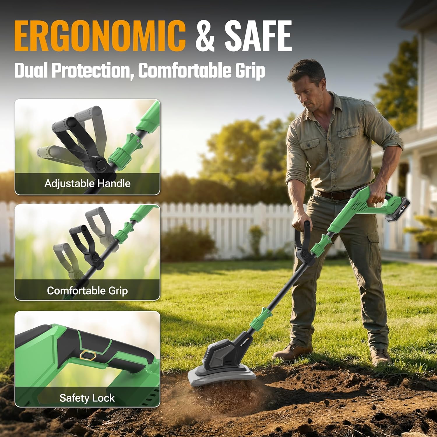 Cordless rototiller with adjustable handle grips and safety lock, green and black