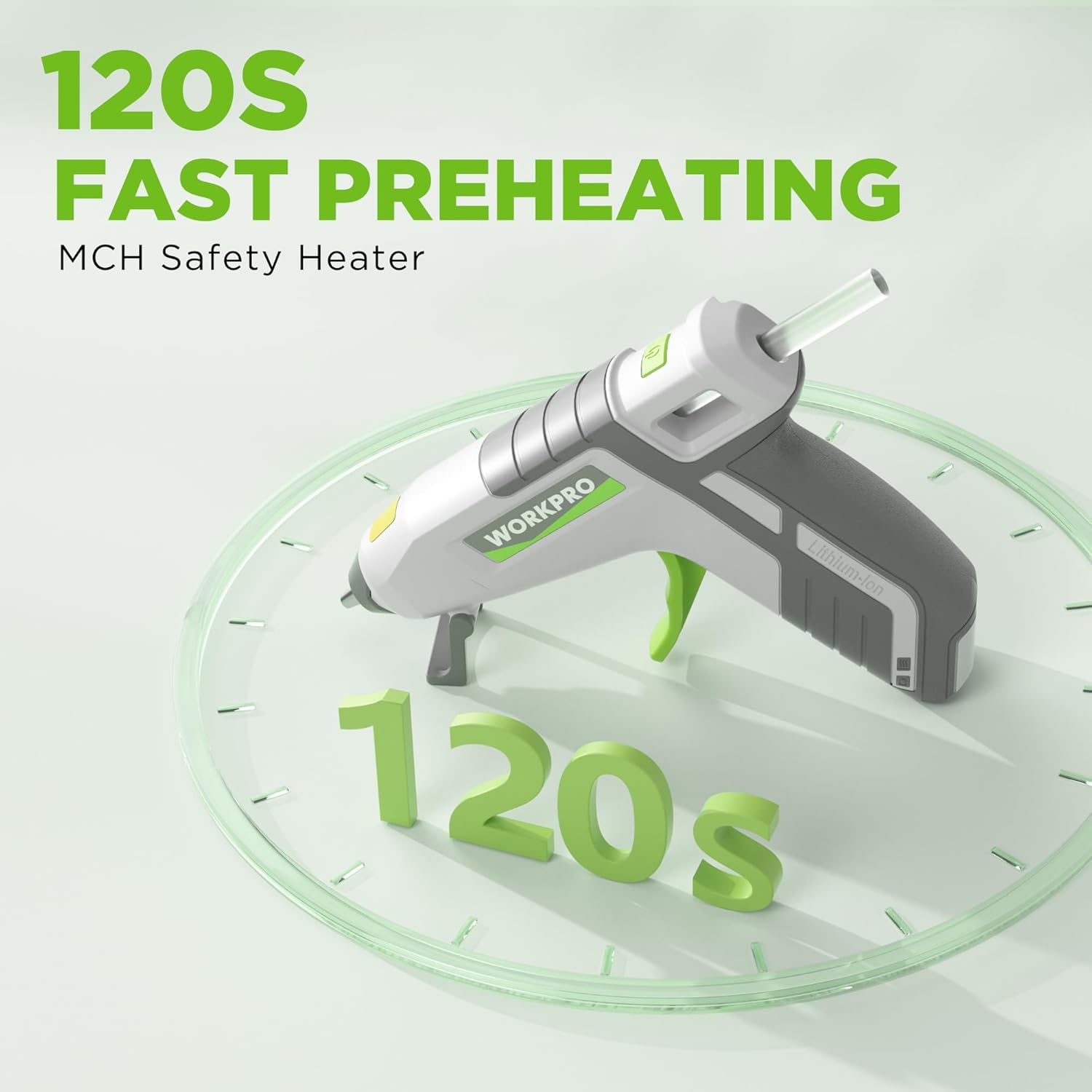 Cordless hot glue gun with white and gray body and green trigger, angled nozzle up.