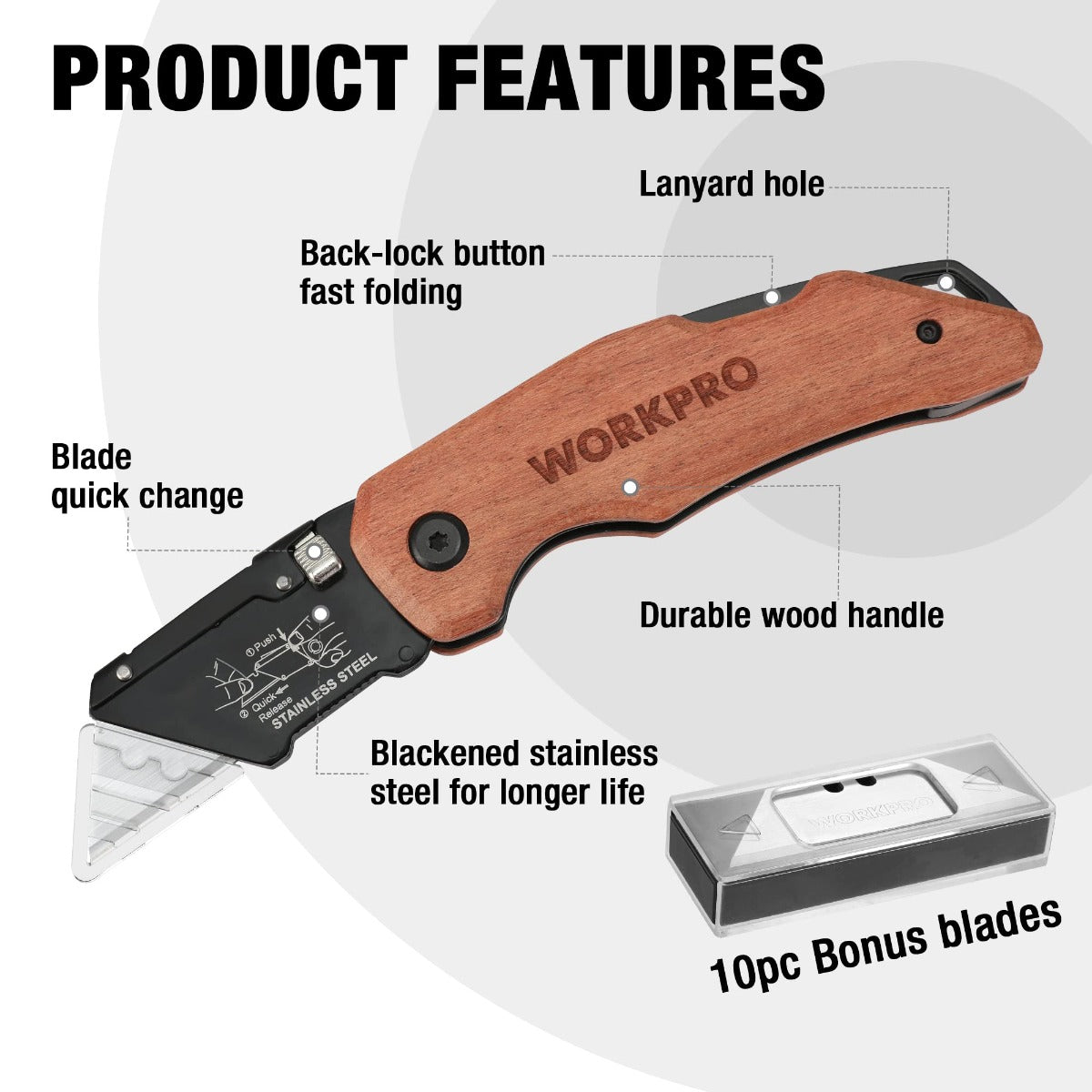 Folding utility knife with durable wooden handle and quick-change blackened stainless blade