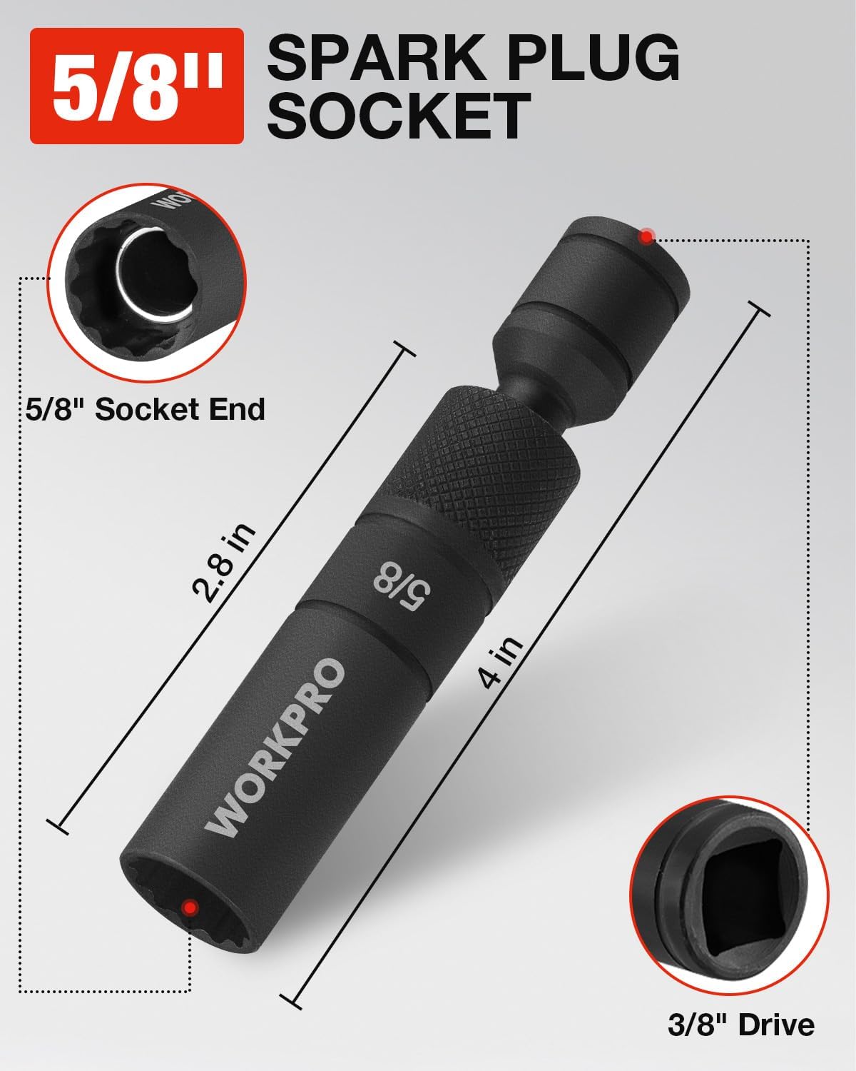 WORKPRO 5/8 in magnetic spark plug socket, 12-point thin-wall 3/8 drive, black grip